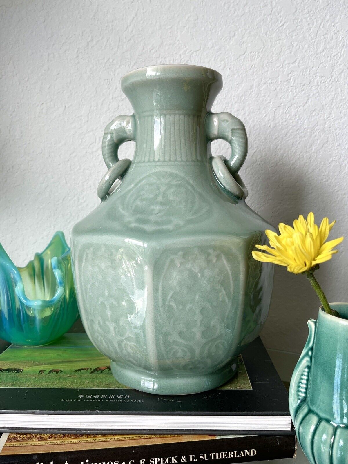 Vintage Zhongguo Longquan Celadon Double Elephant Handled Vase, 10.5”