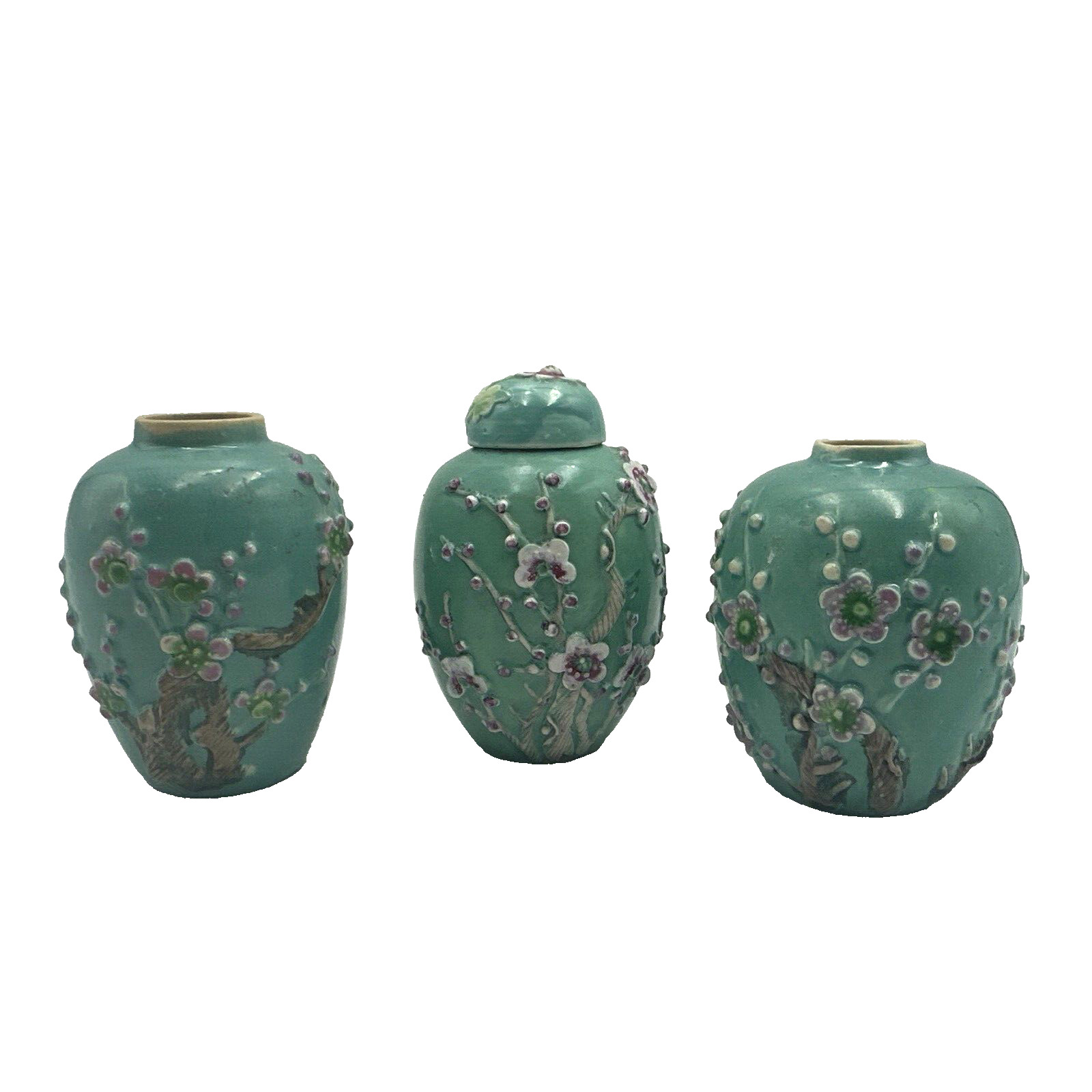 Miniature Chinese Ceramics 2 Vases 1 Ginger Jar Turquoise Flowers