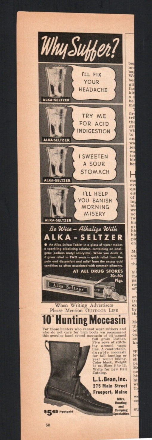1938 Old Print Ad Alka Selzer/L.L Bean Hunting Moccasin/Kodak Retina II Camera