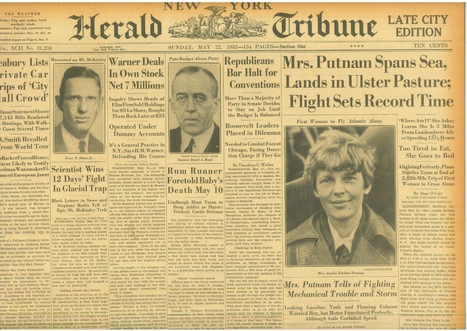 Amelia Earhart First Woman to Fly Atlantic Sets Record Time May 22 1932 WA7