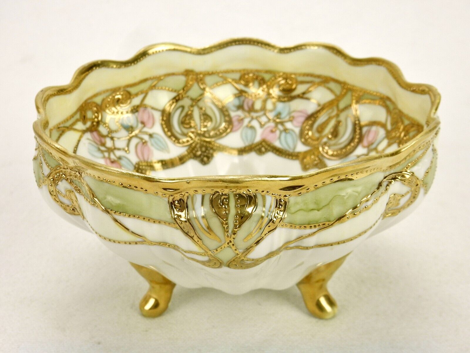 Noritake RC Nippon Footed Bowl, Ornate Floral, Heavy Gilding, Ribbed & Scalloped