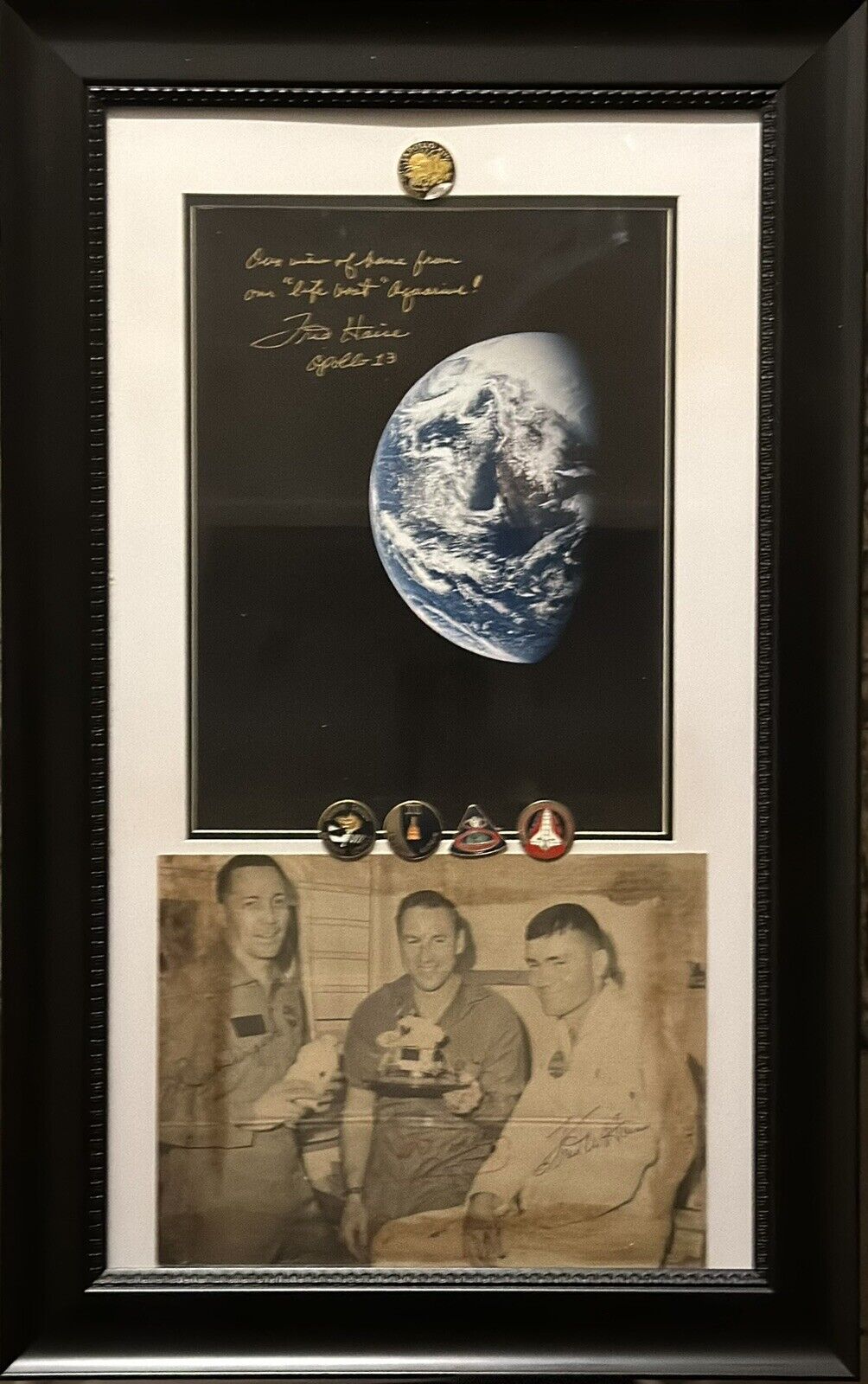 Apollo 13 Signed Fred Haise Inscribed Earth Photo & Crew Signed Newspaper Photo