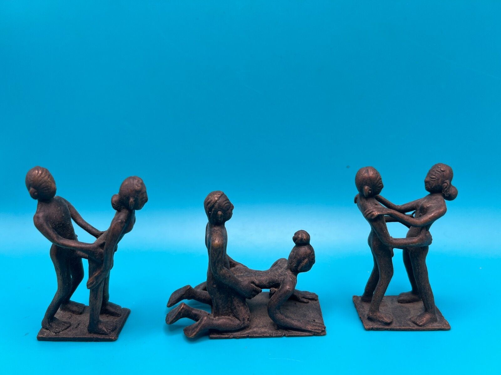 Lot Of 3 Vintage Brass or Bronze Kama Sutra Erotic Miniature Sculptures Figures