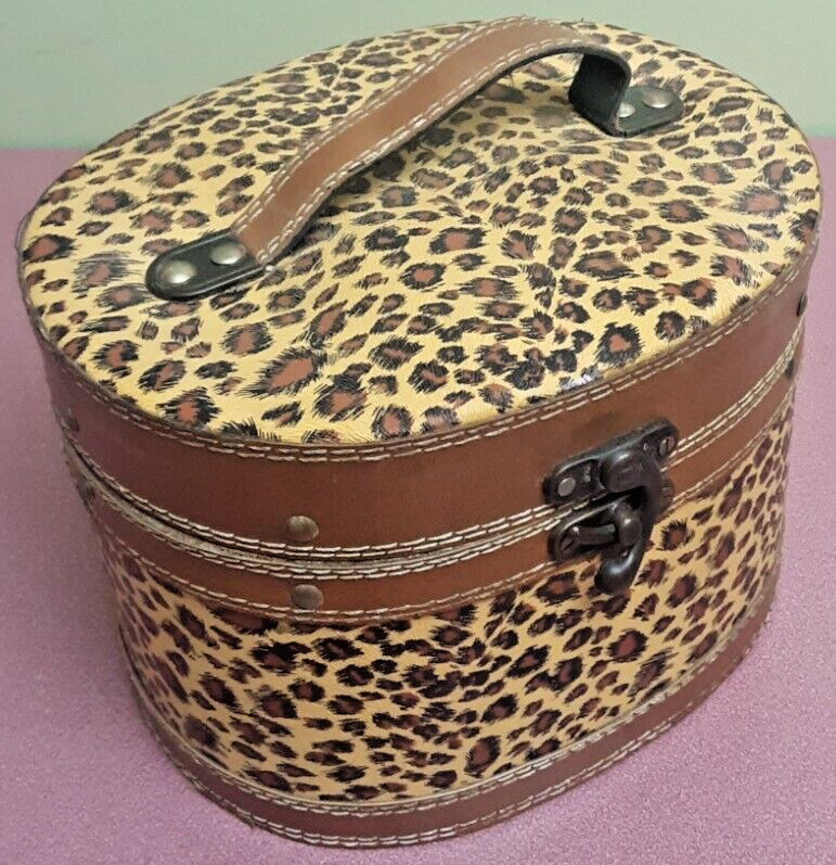 Oval Cheetah Print Animal Print Storage Box / Case with Faux Leather and Wood