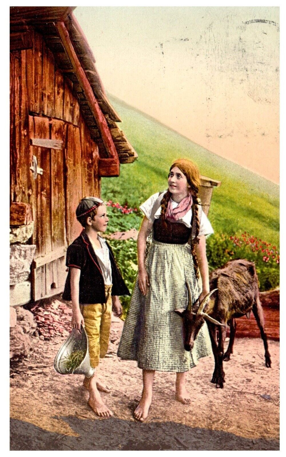 Zurich Switzerland Children Tending Goat Barefoot Postcard Posted 1909 Photoglob