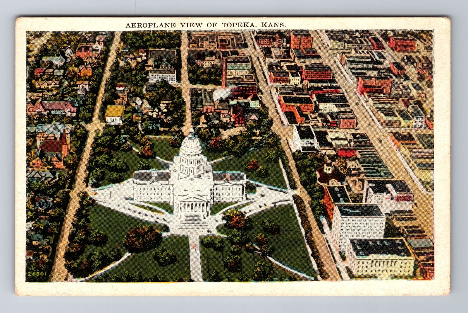 Topeka KS-Kansas, Aerial of Town Area, Antique, Vintage Souvenir Postcard