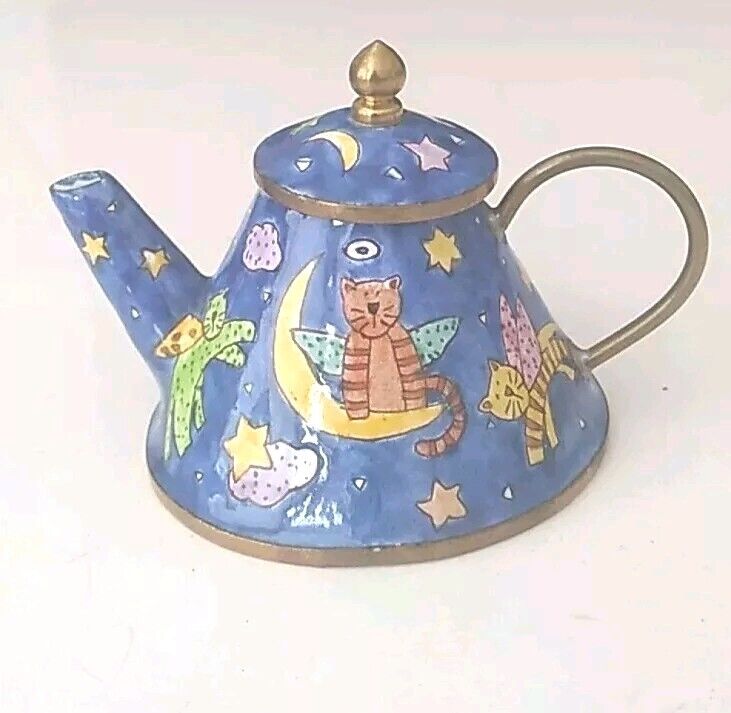 Vintage Empress Arts miniature enamelled teapot handpainted Car Moon Star  Blue 