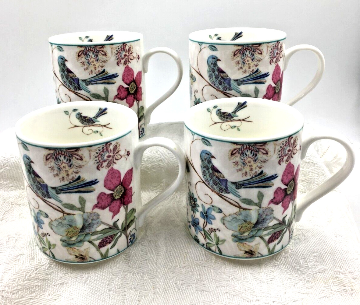 Summer River BV Birds and Flowers Beautiful Porcelain 8oz Set Of 4 Teacups