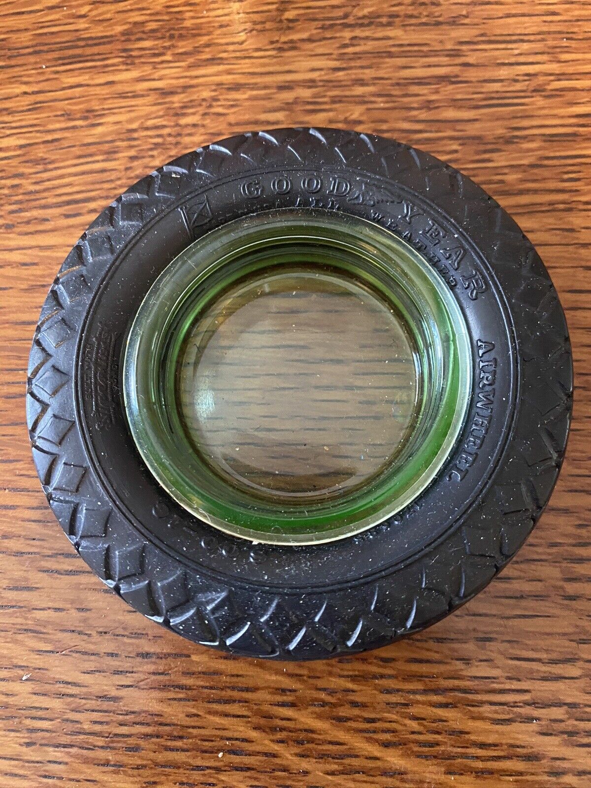 Goodyear Airwheel Tire Ashtray w/Glass Green Depression 3.5” In Diameter.