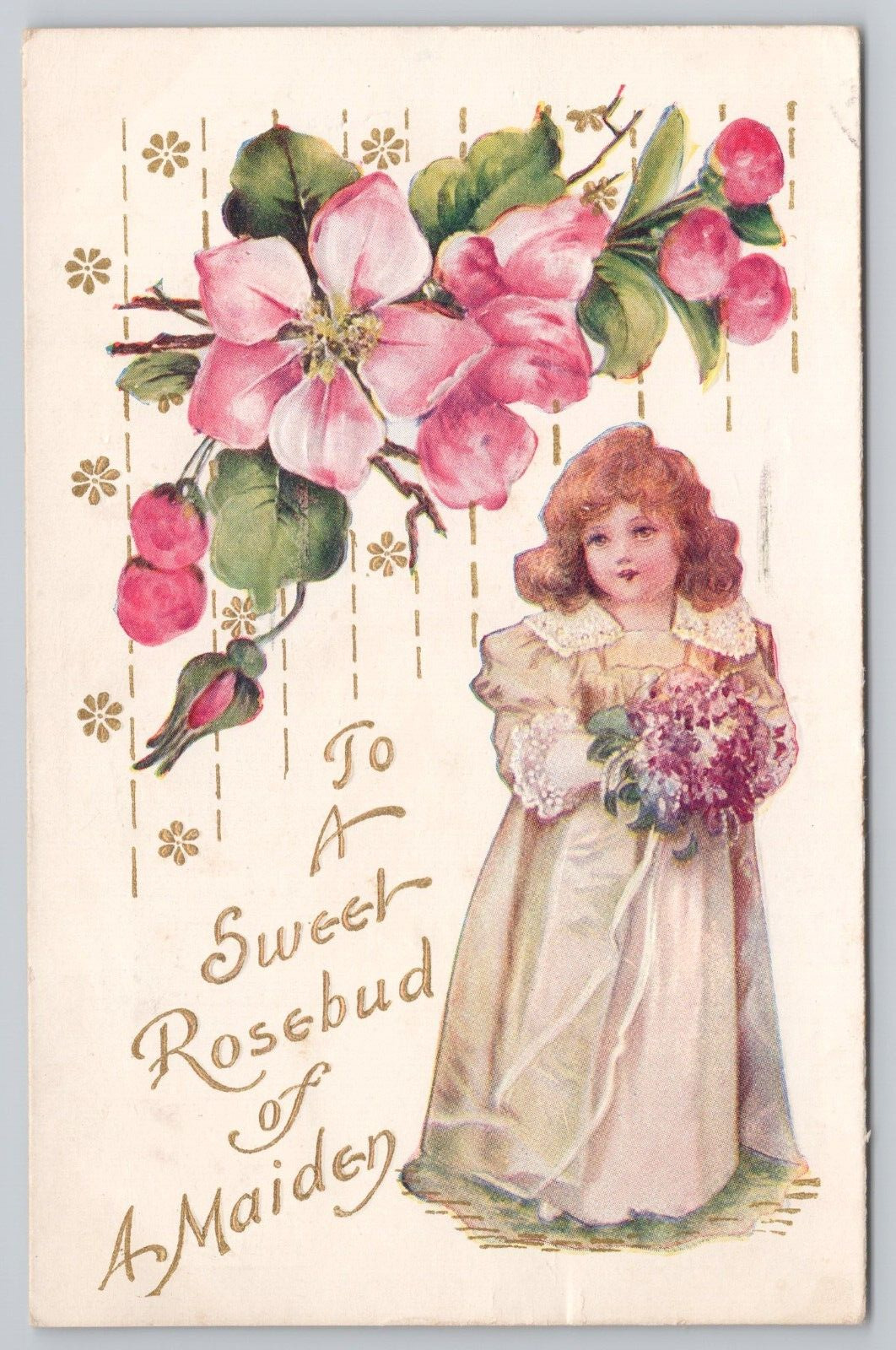 Postcard To A Sweet Rosebud Of A Maiden, Romance, Girl with Flowers PM 1908