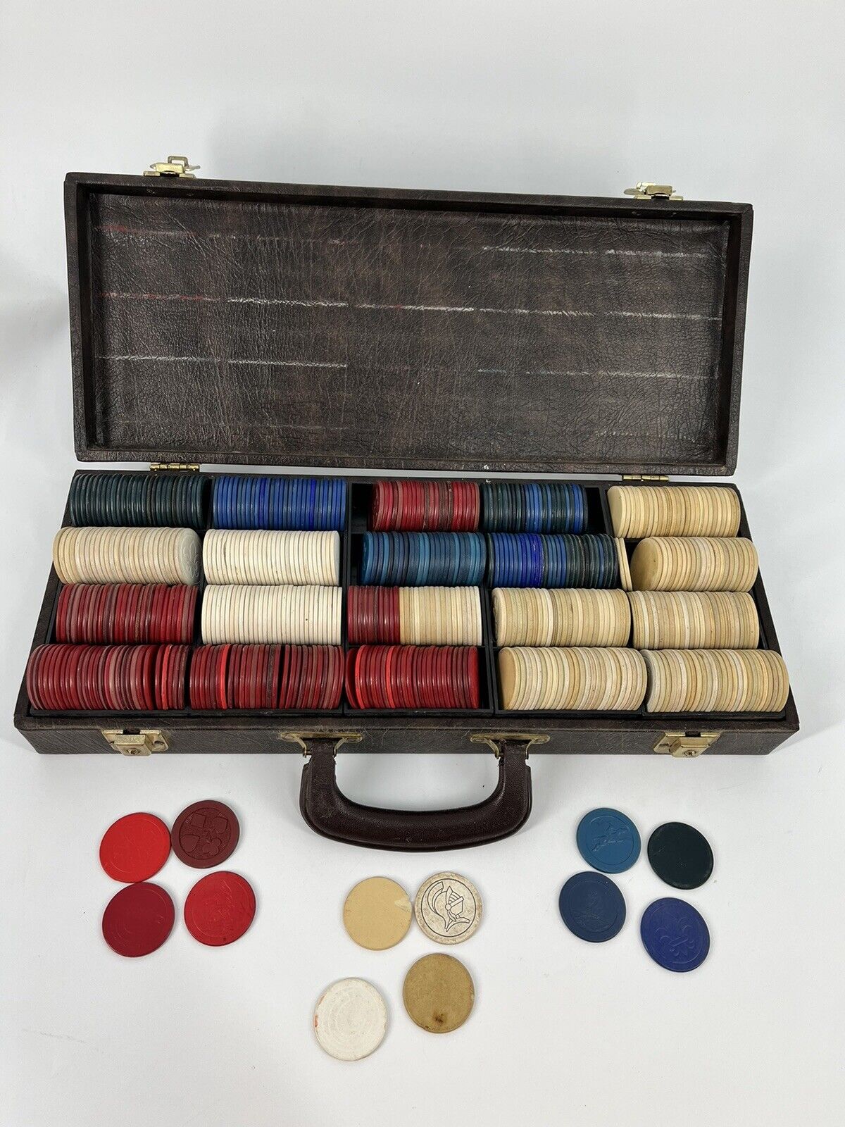 Vintage Poker Chips Markers in carry case - varying symbols - R -W-B