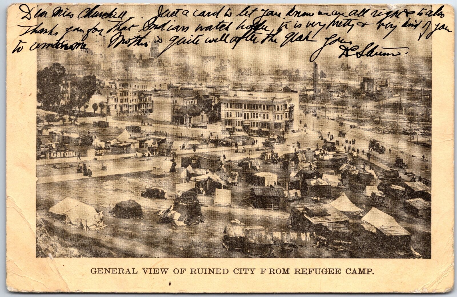 VINTAGE POSTCARD VIEW OF EARTHQUAKE-RUINED SAN FRANCISCO FROM REFUGEE CAMP 1906