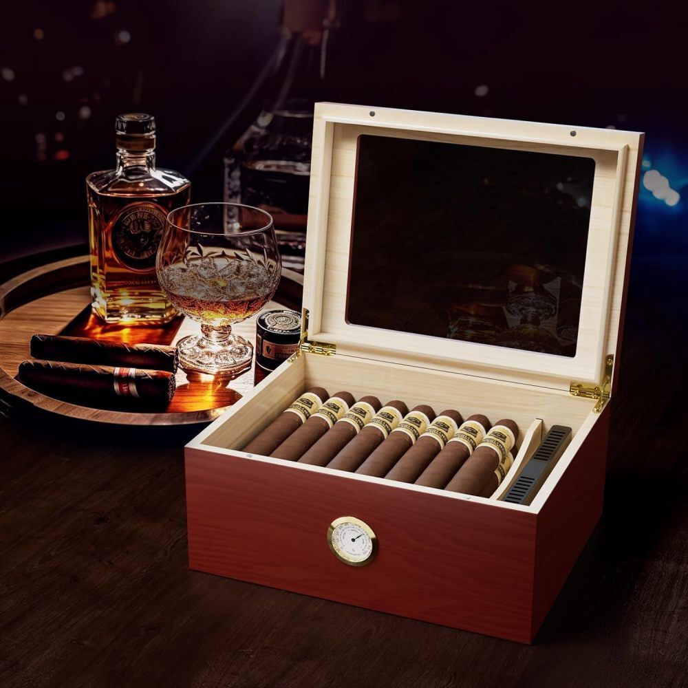 Cigar Humidor Glass Top Cigar Box with Hygrometer Humidifier and Divider Deskt