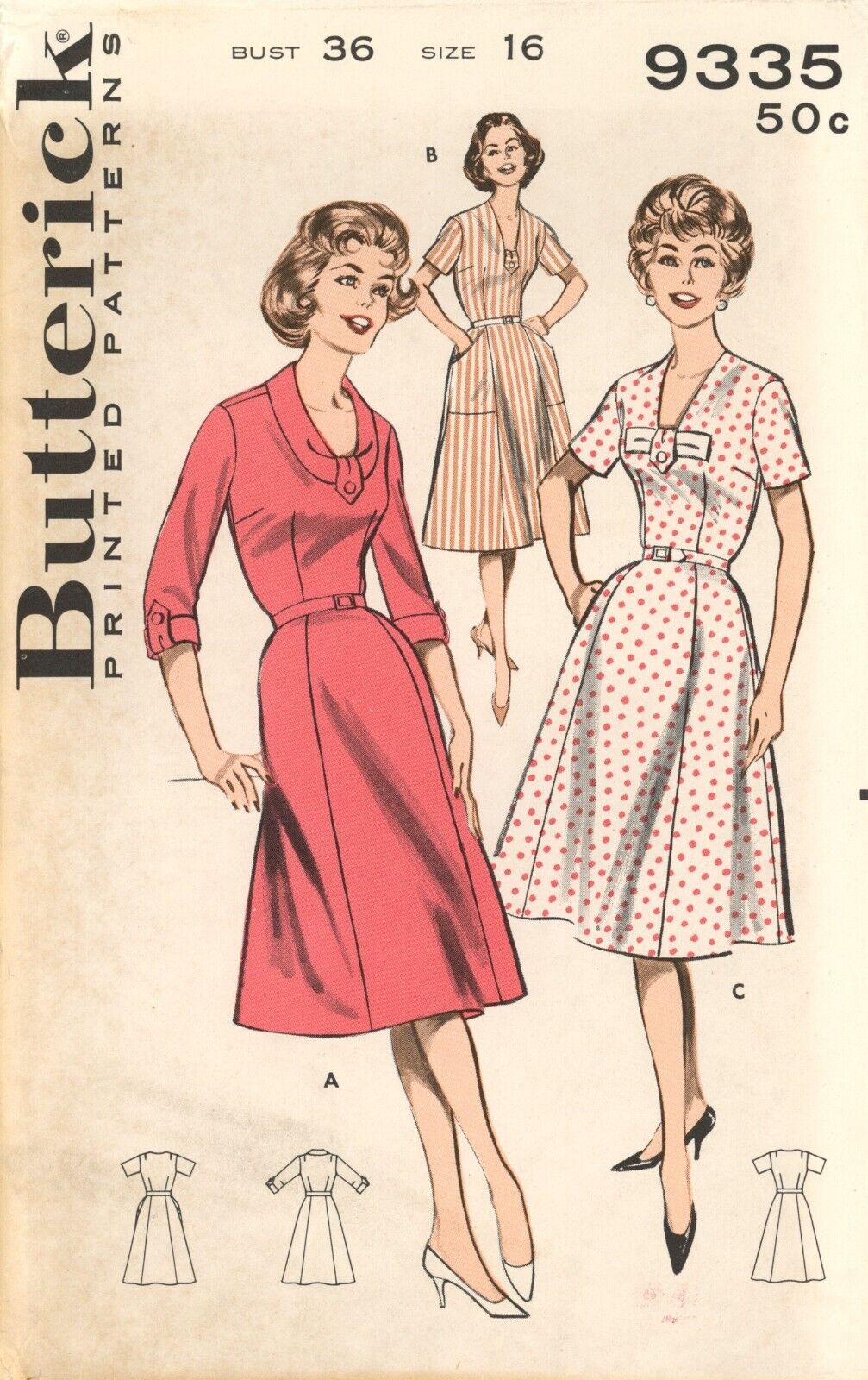 Butterick 9335 Flared Dress w 6-Gore Skirt & Pretty Necklines Sz 16 UNCUT 60s