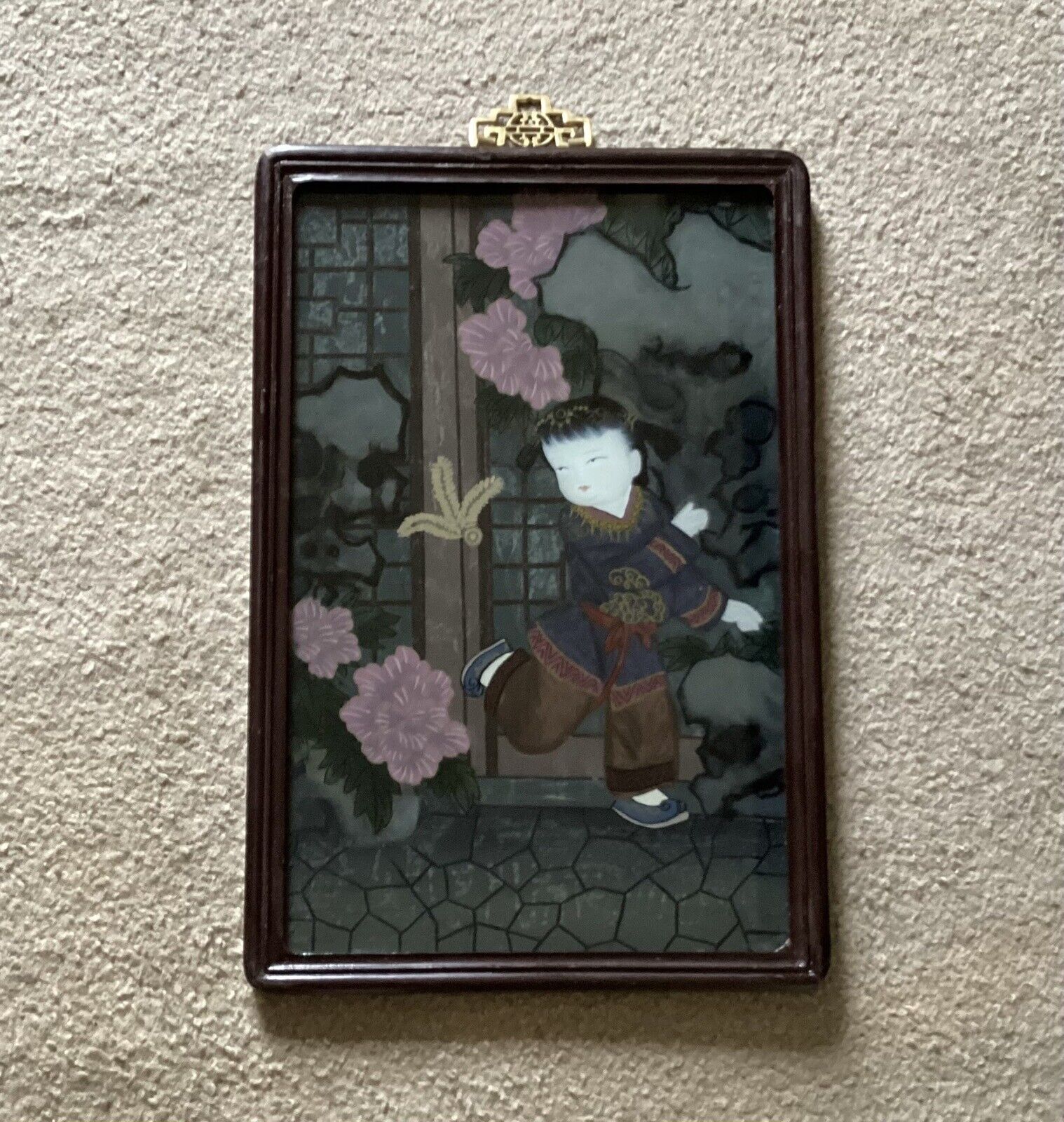 VTG/Antique R.O.C. Chinese Reverse Glass Painting, Boy With Flowers