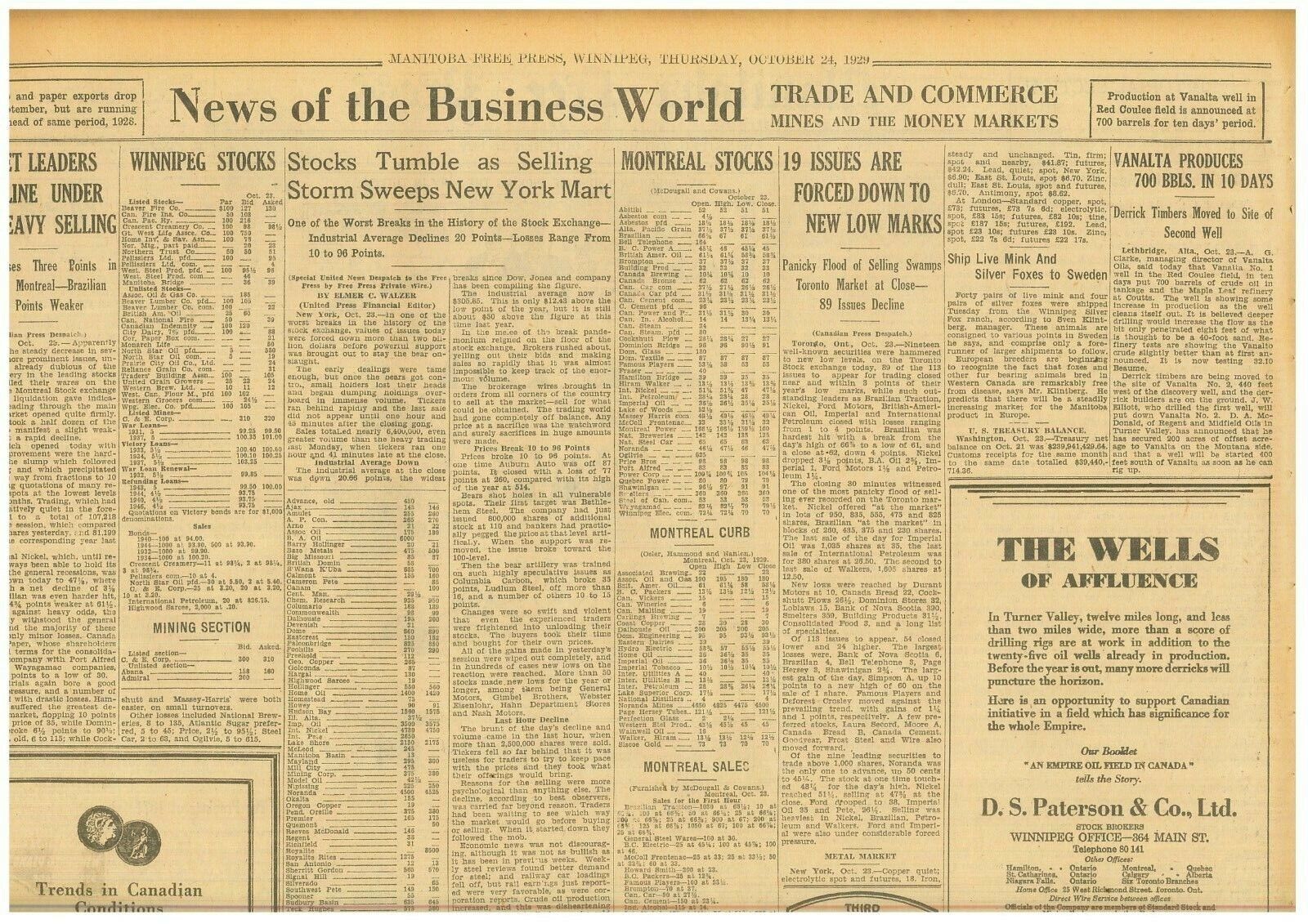 Stock Market Crash Selling Sweeps New York Mart Prices Tumble October 24 1929 B9