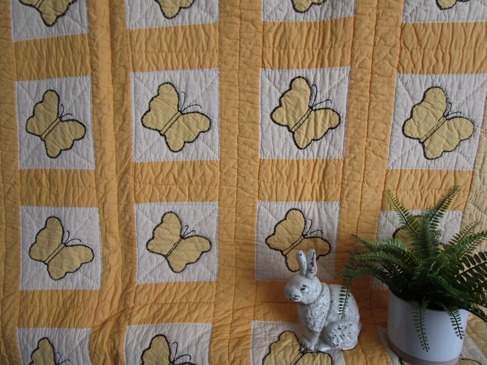 Vintage Hand QUILTED Appliqué Butterfly Quilt, 68 X 80, YELLOWS, CREAM, COTTON