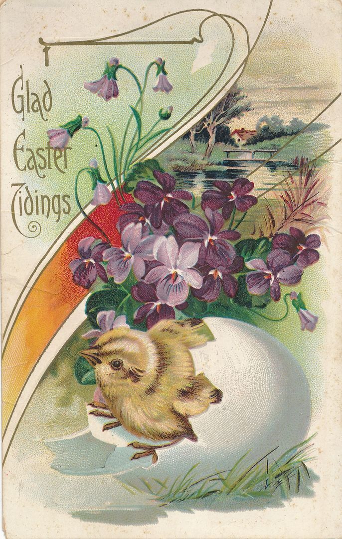 EASTER - Glad Easter Tiding Hatching Chick Art Nouveau Postcard