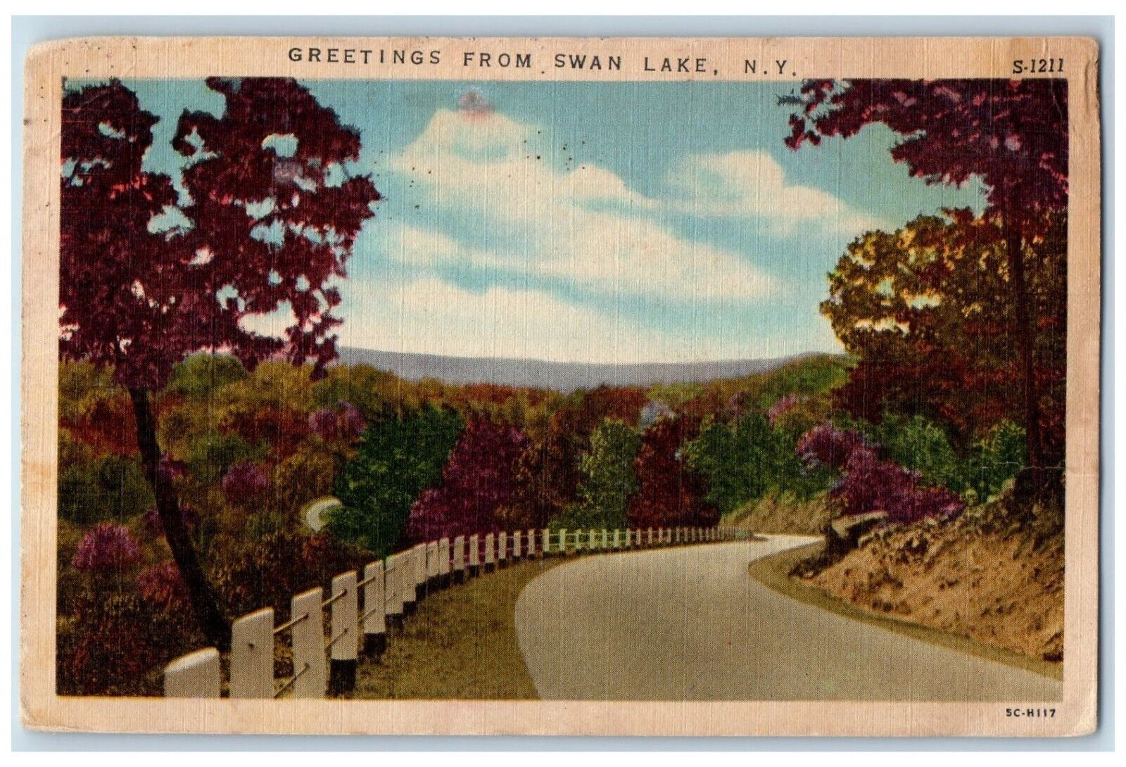 c1930\'s Greetings From Swan Lake New York NY, Road And Tress View Postcard