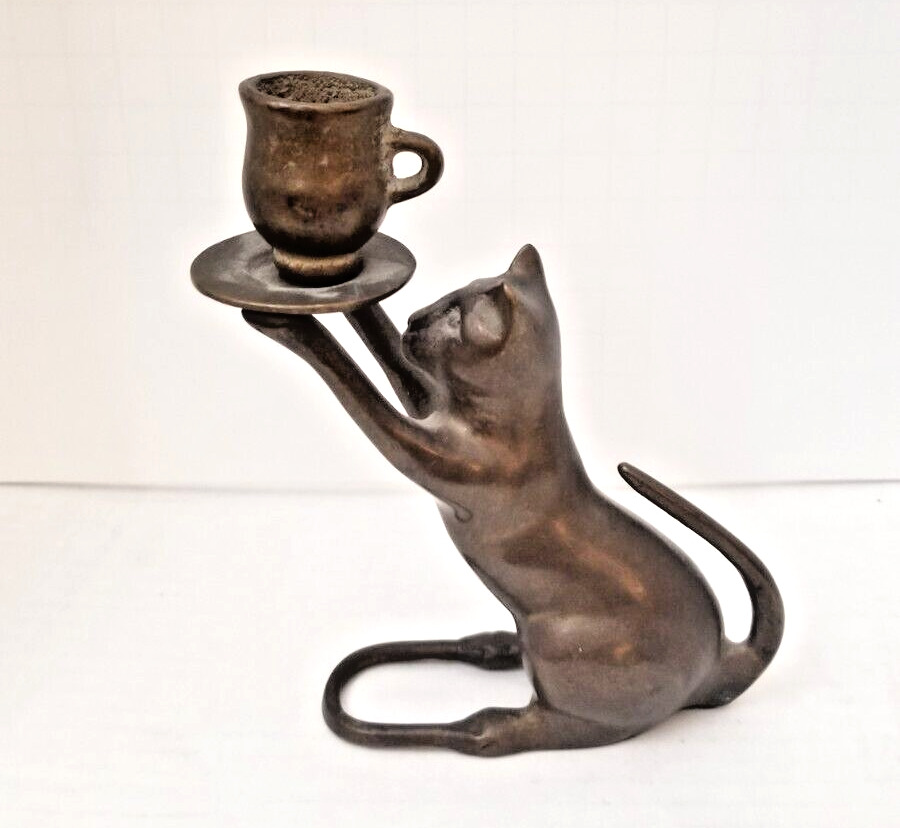 Vintage SPI San Pacific International Bronze Cat Holding Teacup Candle Holder