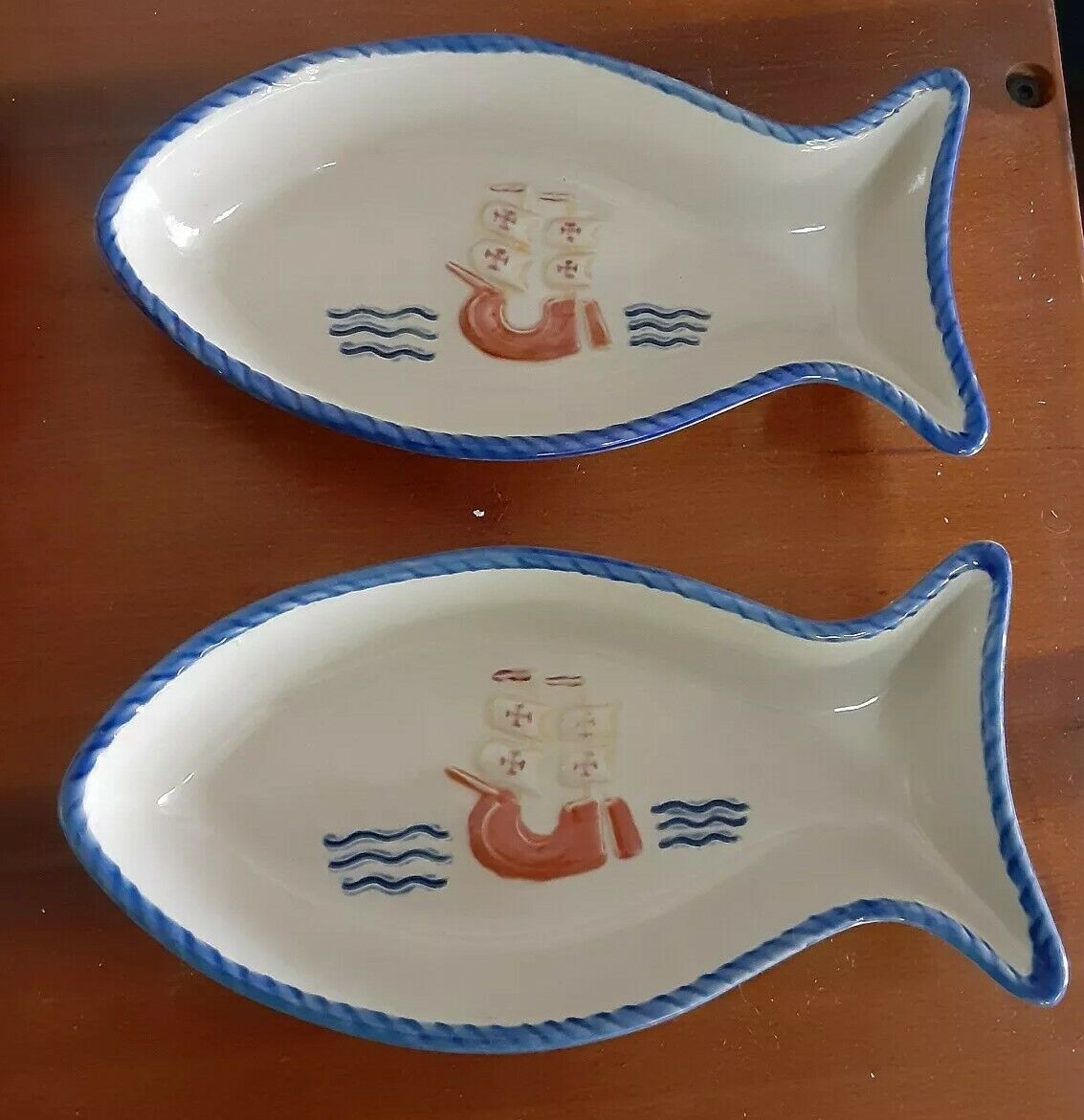 Vintage Cerutil Portugal 1998 Lisbon World Expo Nautical Stoneware Fish 2 Dishes