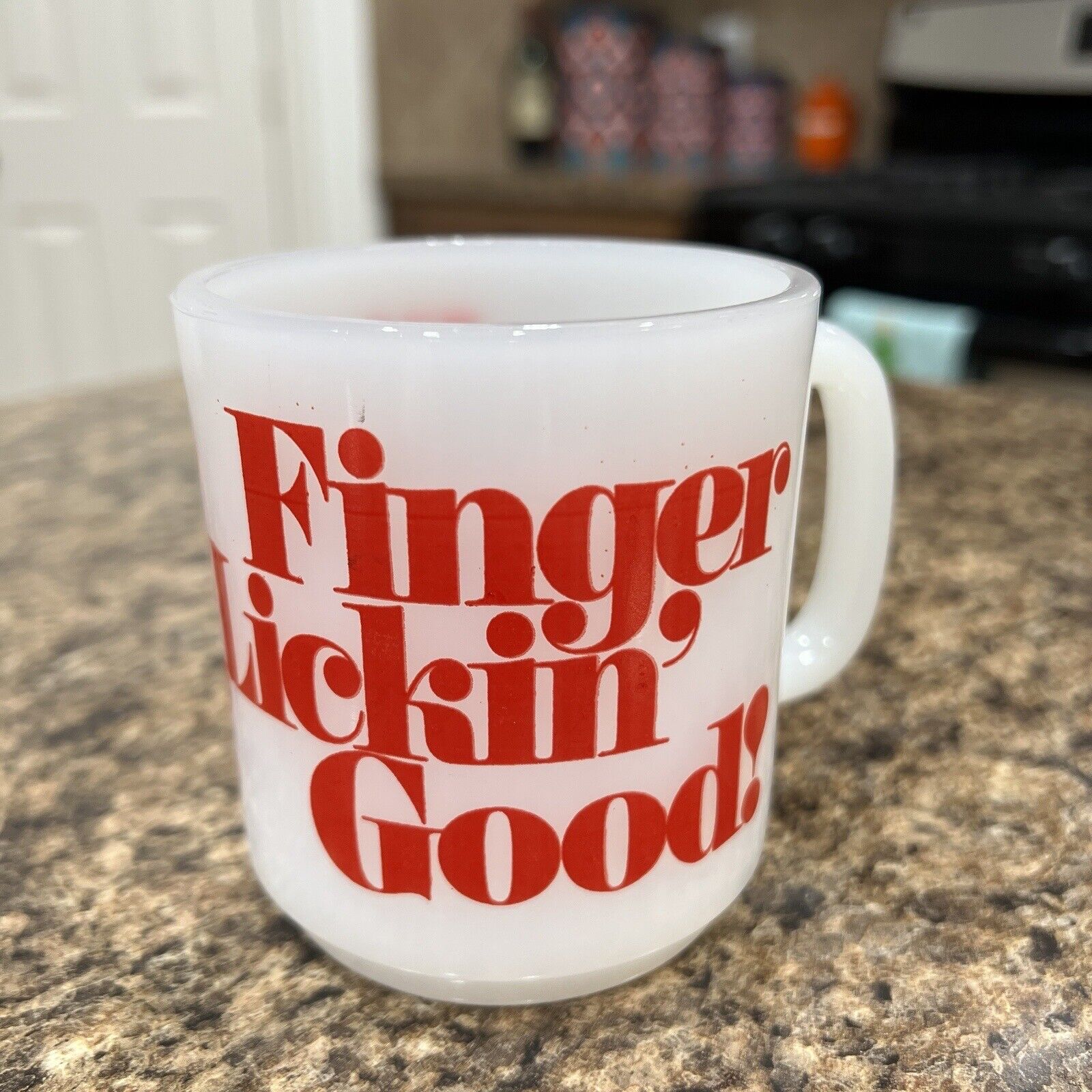 Glasbake FINGER LICKIN’ GOOD Kentucky Fried Chicken Milk Glass Coffee Mug HTF