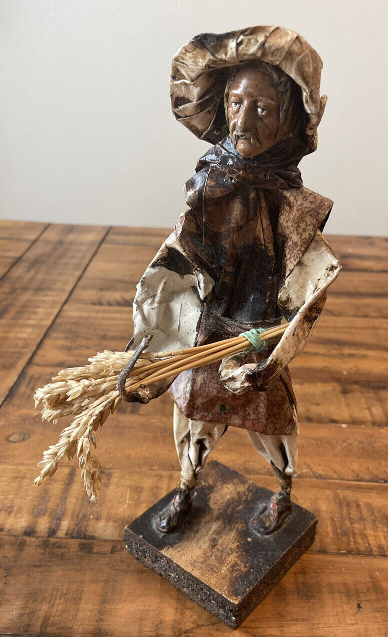 Vintage Handmade Mexican Folk Art Paper Mache Figurine Man Holding wheat. 11”