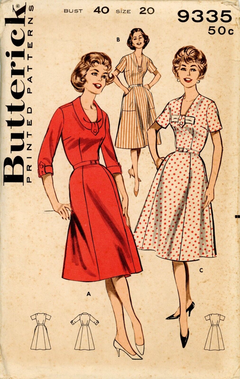 Butterick 9335 Flared Dress w 6-Gore Skirt & Pretty Necklines Sz 20 UNCUT 60s