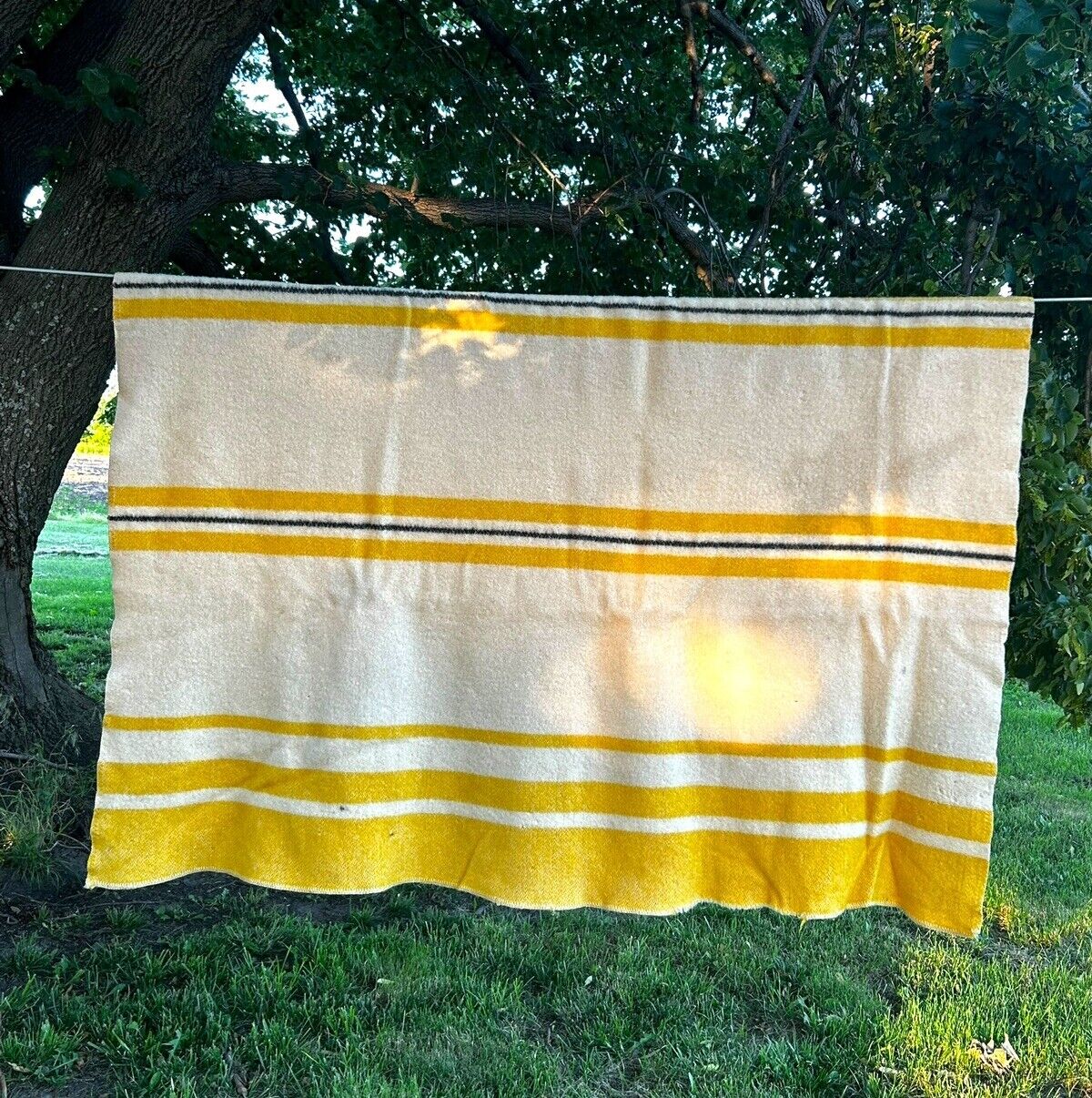 Vtg Wool Blanket Striped Cream Black Yellow Hudson Bay Style 59.5” X 79” READ