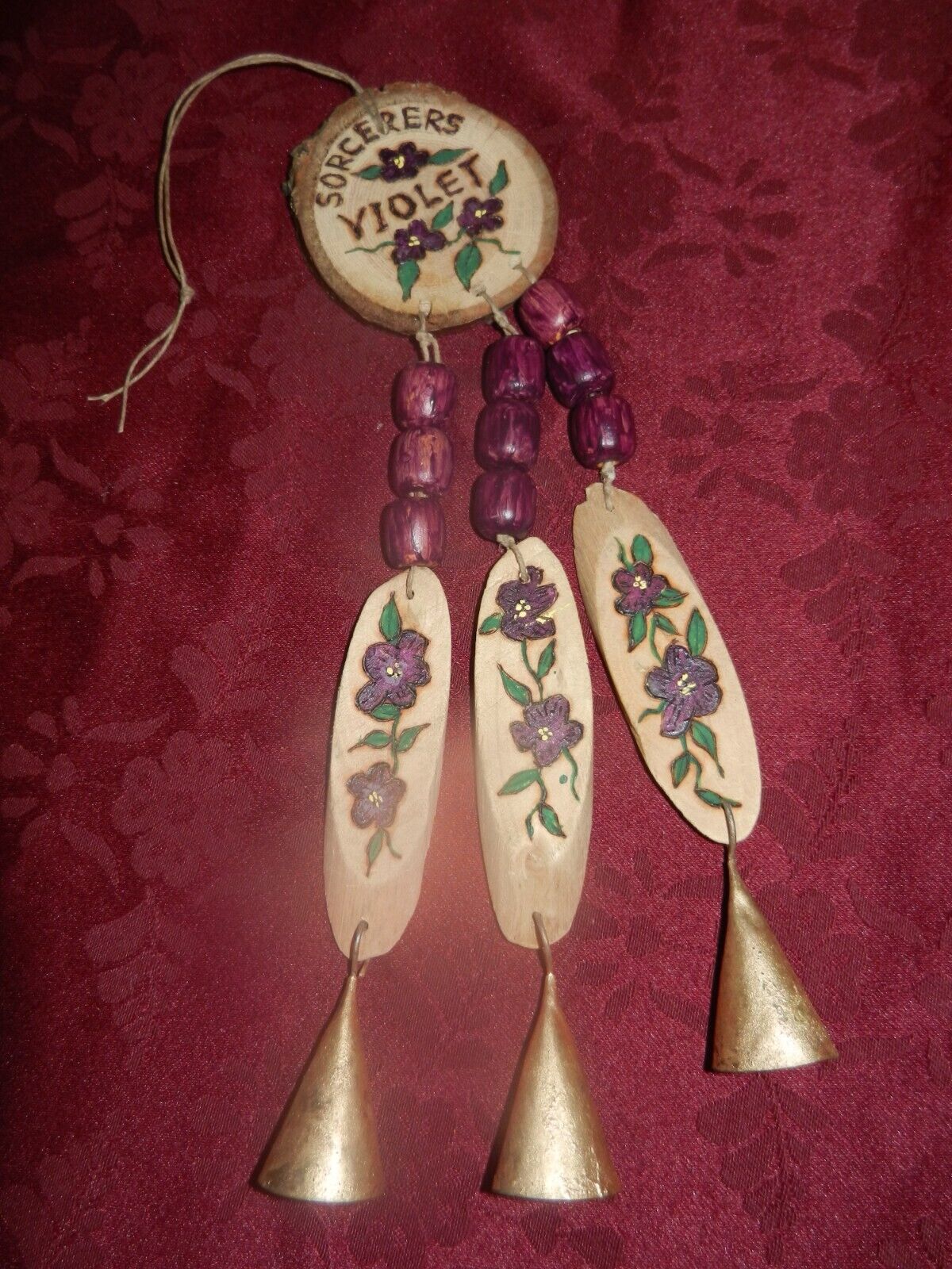 Three Protection Witch Bells  Floral Painted Wood Beads Bells