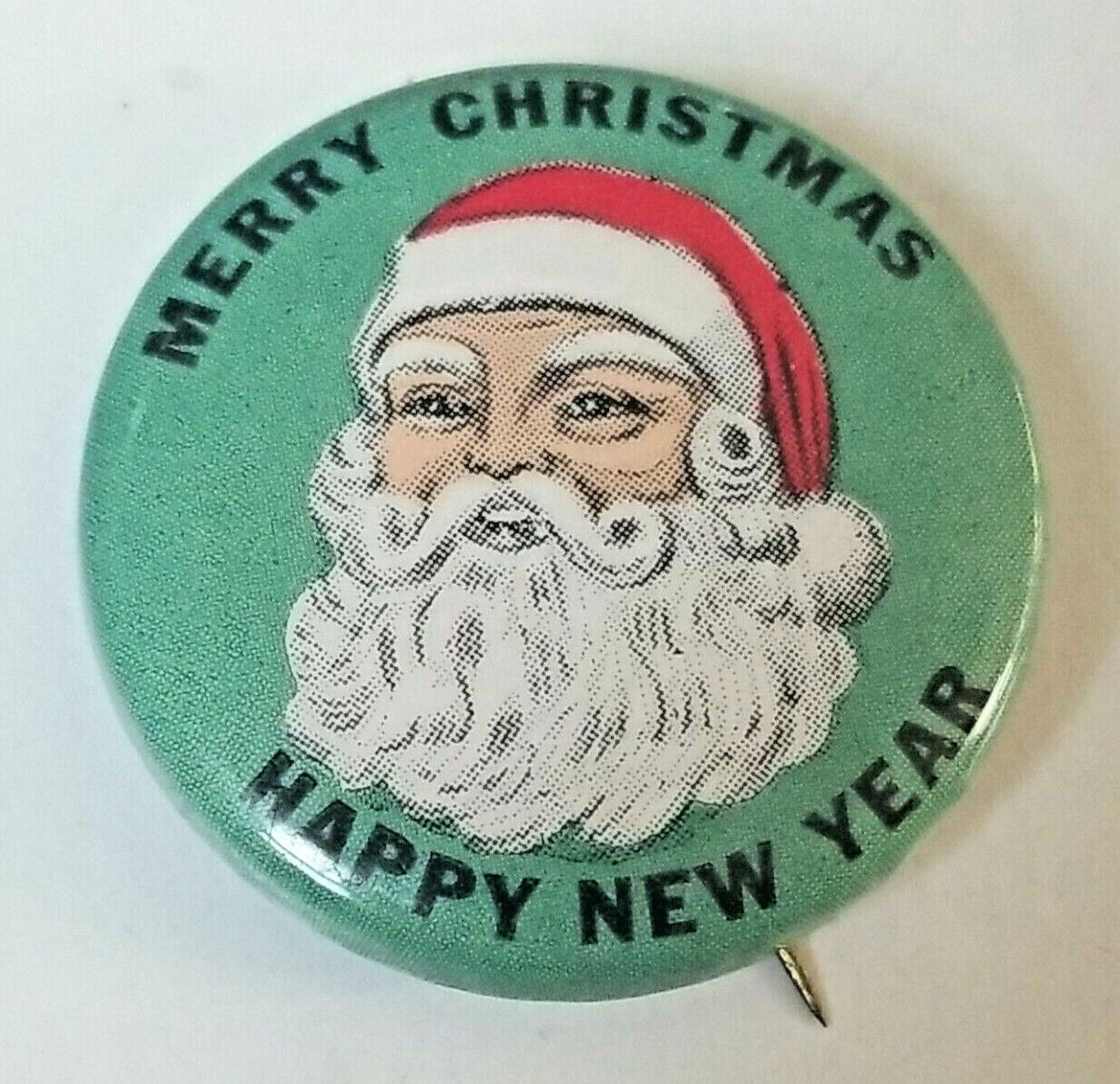 Vintage Merry Christmas Happy New Year Santa Pinback Button Pin ~ Ray Rohr