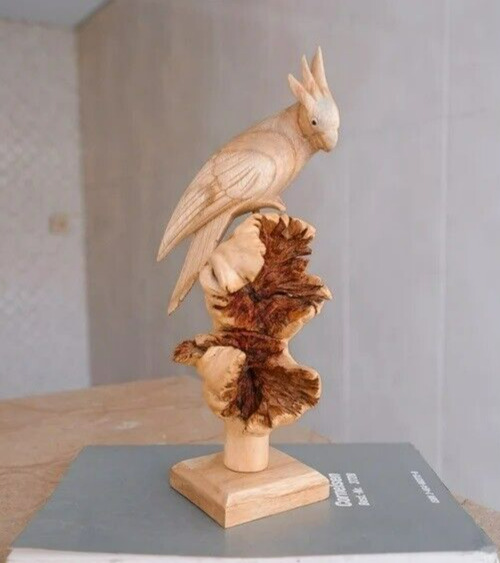 Wooden Parrot Sculpture, Cockatoo, Indoor Statue, Wood Carving, Gift for Mother