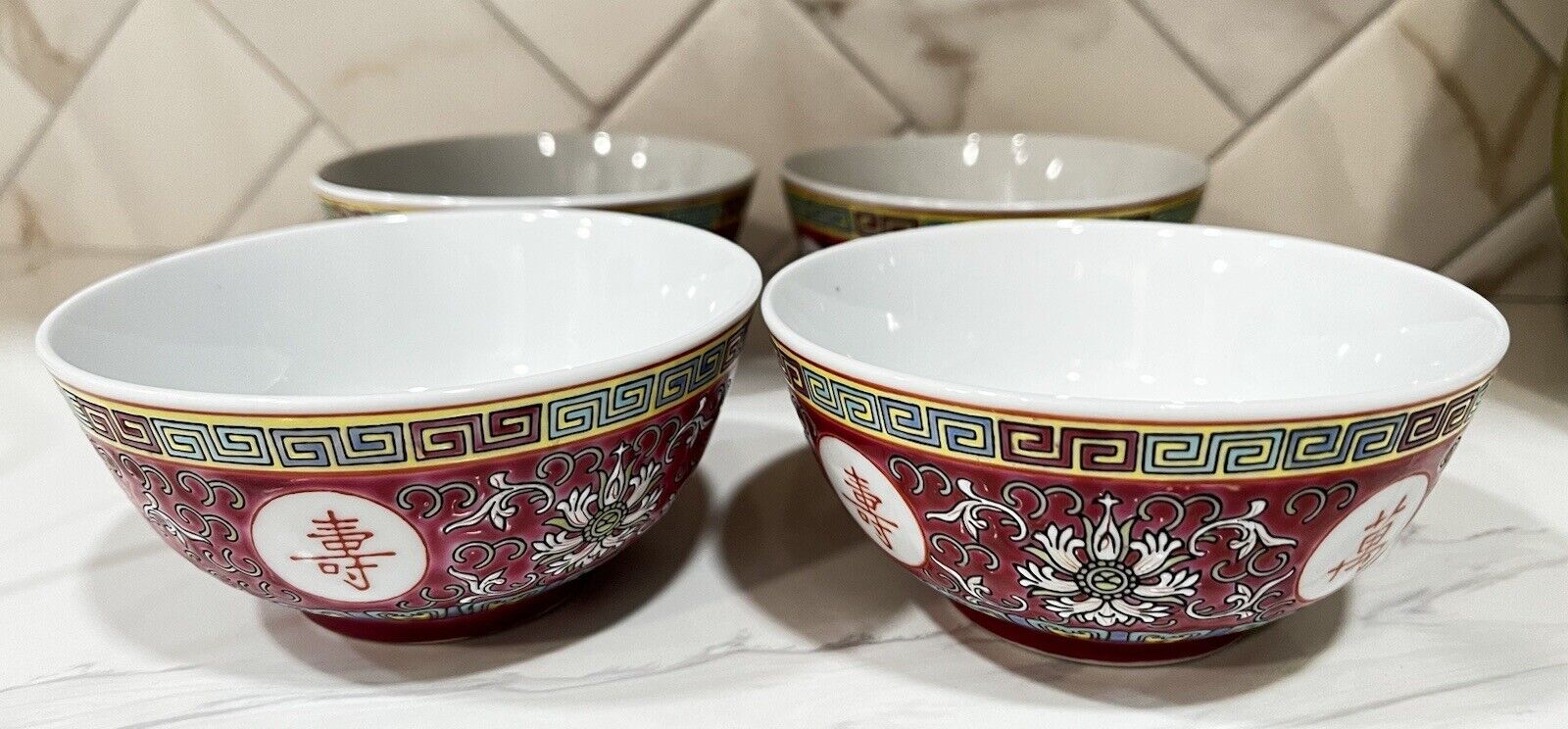 Vintage 4-Chinese Porcelain Mun Shou Longevity Famille Rose Bowls