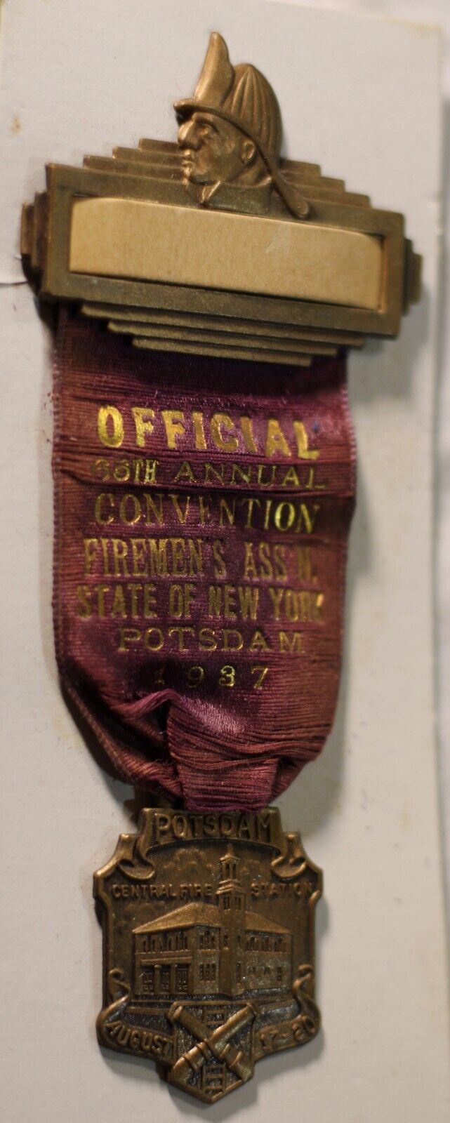 Vintage 1937 Firemen's Association Medal - State of New York, Potsdam
