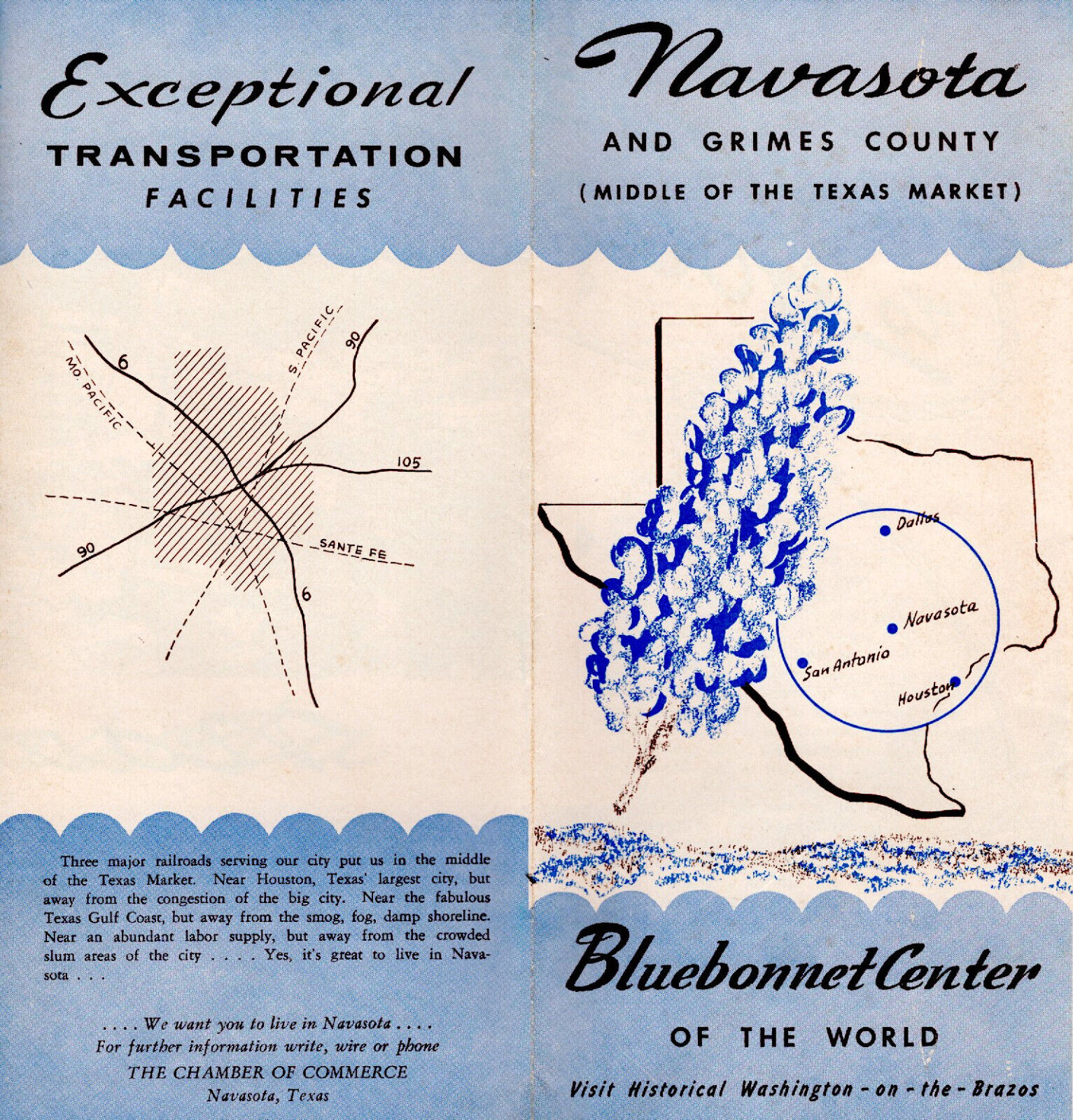 Navasota Texas Grimes County Vintage Chamber of Commerce Illustrated Brochure