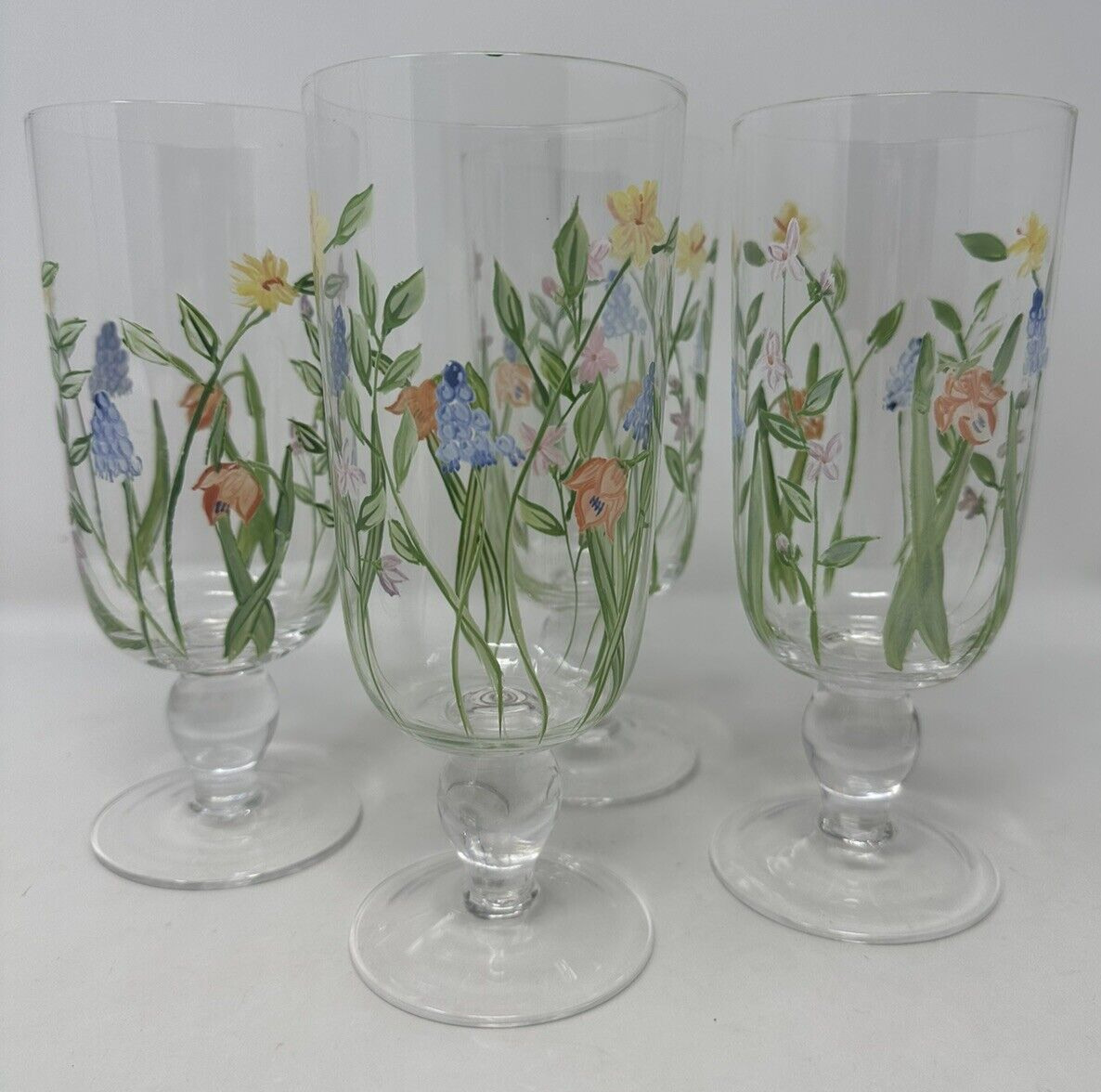 Hand Blown Water Goblets Wine Glasses Hand Painted Floral Summertime 8\