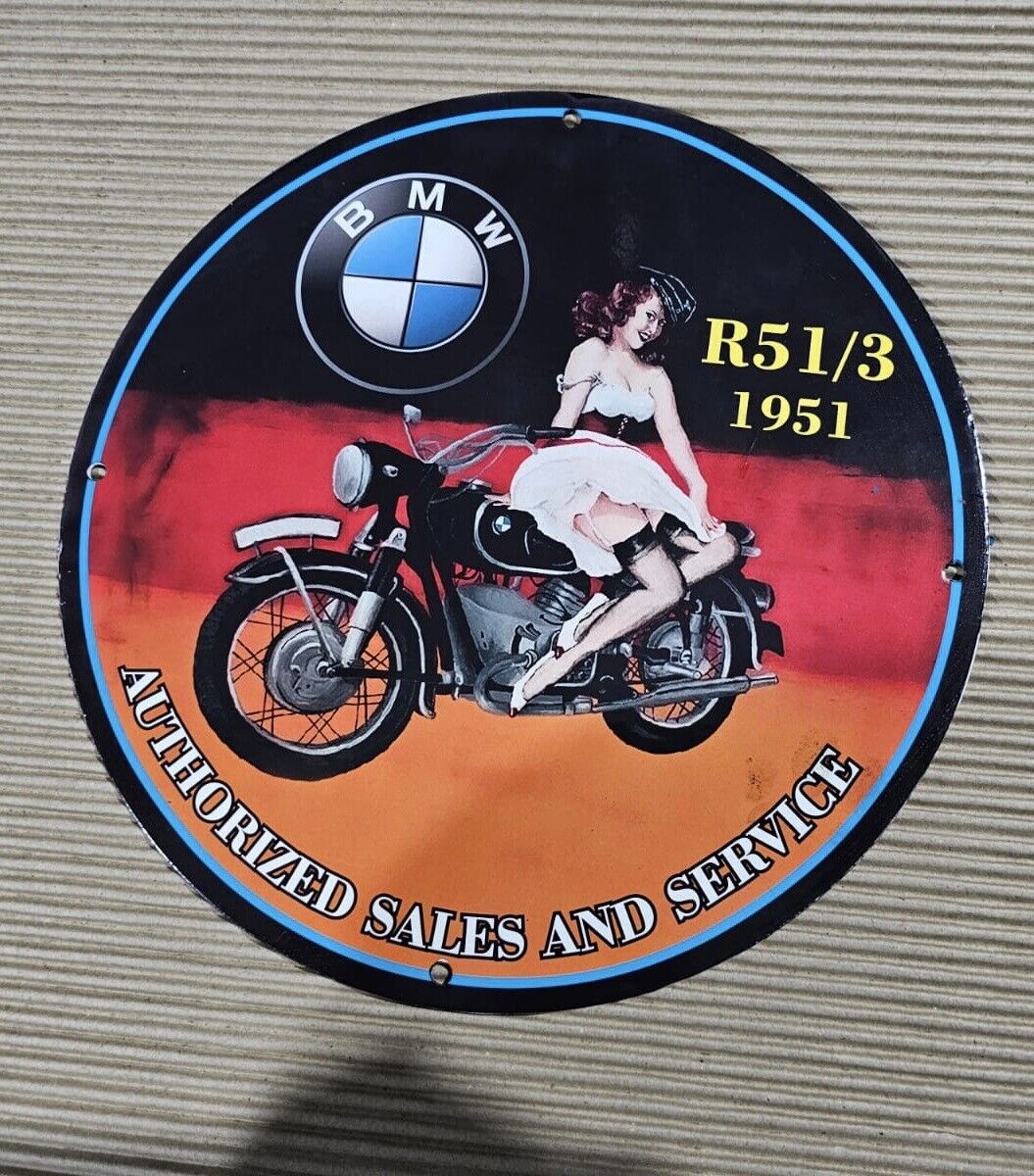 BMW R 51/3 AUTHORIZED SALES & SERVICES PINUP GIRL MANCAVE PORCELAIN ENAMEL SIGN