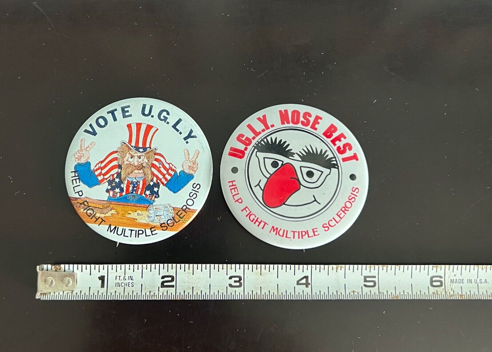 Lot of 2 Vintage UGLY Help Fight Multiple Sclerosis Pinback Buttons 'Nose Best'