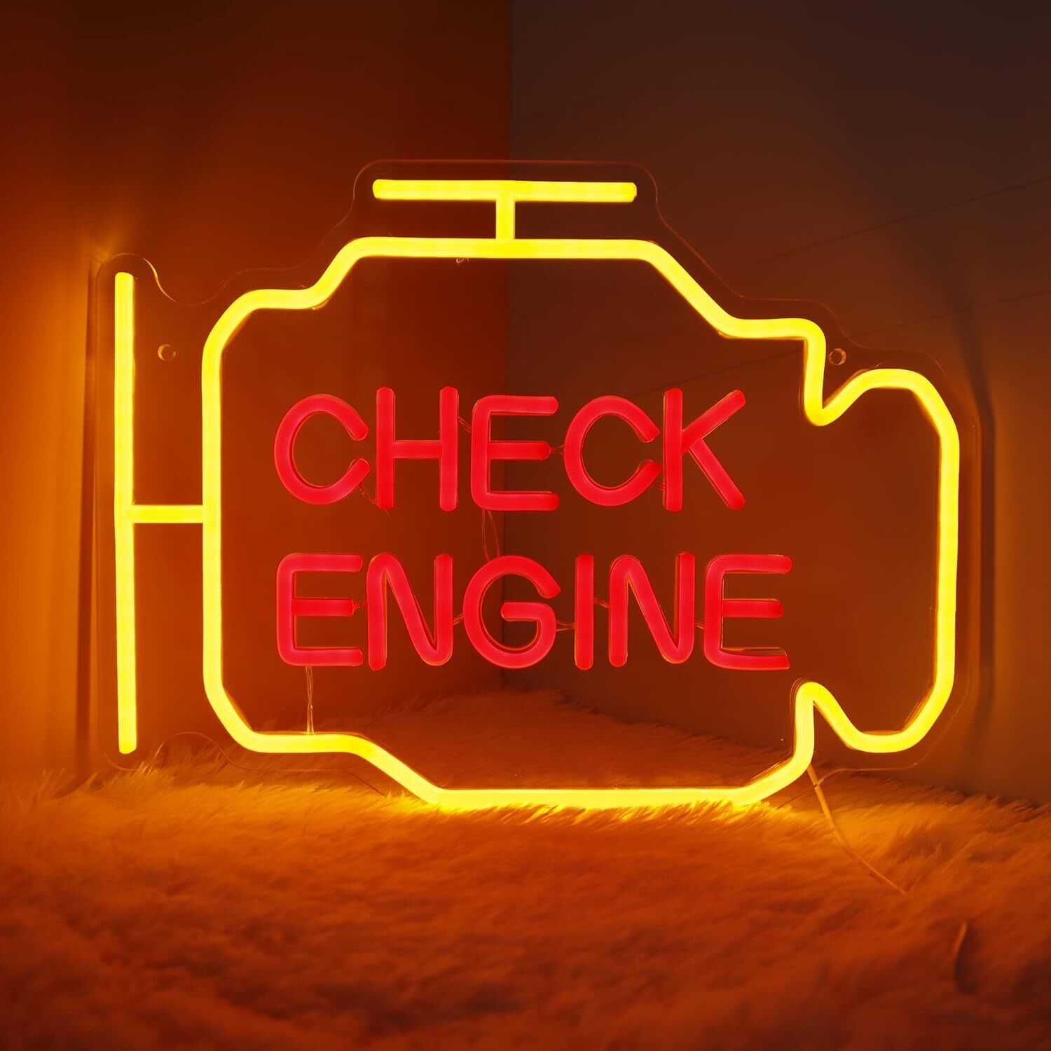 Yellow+Red Check Engine Neon Sign USB Power Auto Repair Shop Garage Wall Decor