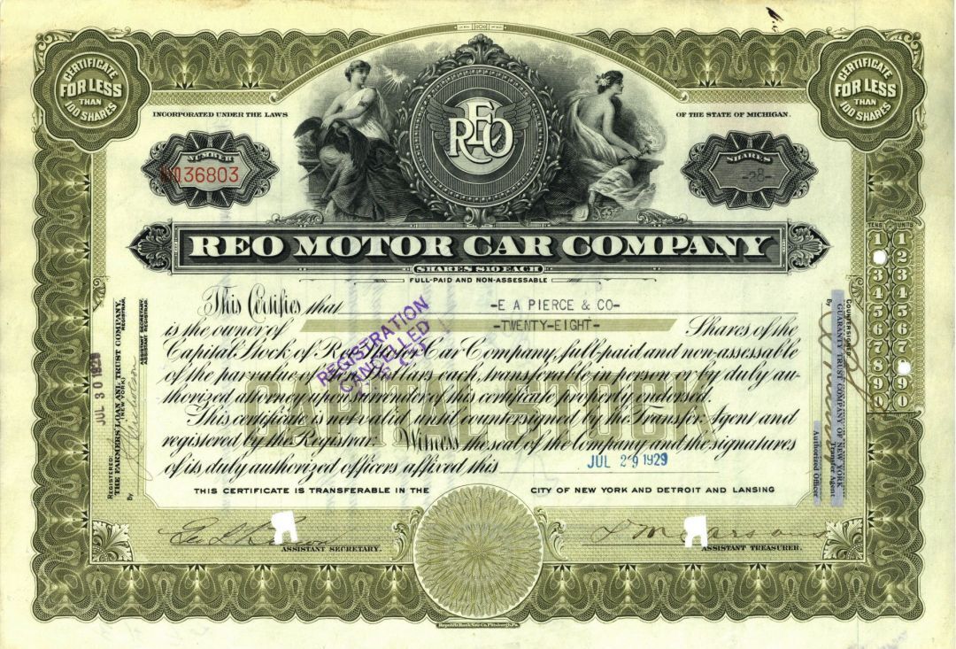 Reo Motor Car Co. - 1910-30's dated Automotive Stock Certificate - Famous Car Ma