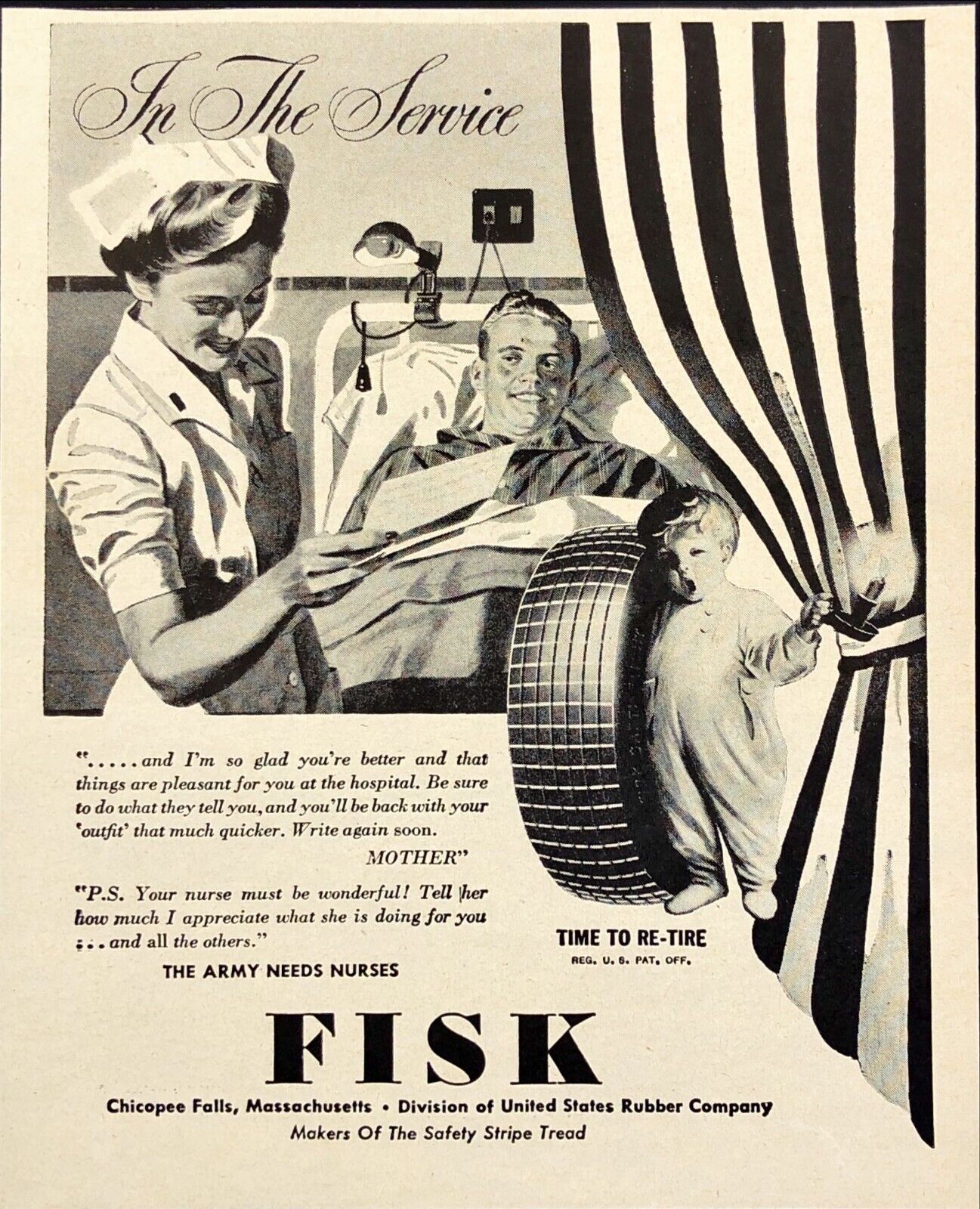1943 Fisk Tires Nurse Reading to Man in Bed Army Needs Nurses WWII Print Ad