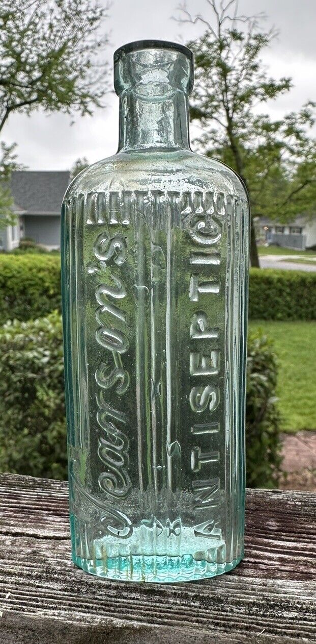 Early Pearson’s Creolin Antiseptic Poison Bottle Ribbed Bought By Merck NJ Aqua