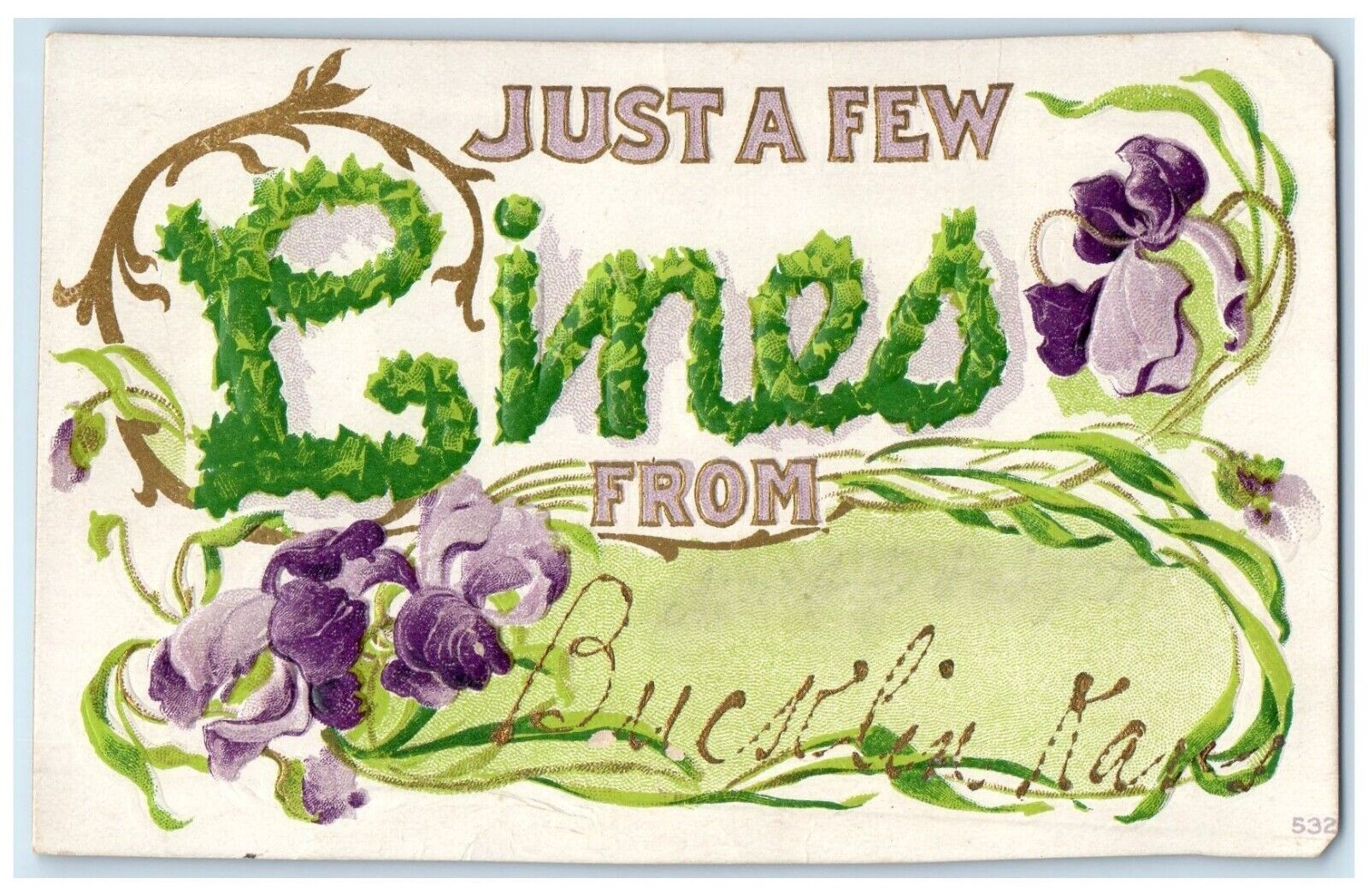 c1910 Just A Few Lines From Embossed Flower Bucklin Kansas KS Vintage Postcard