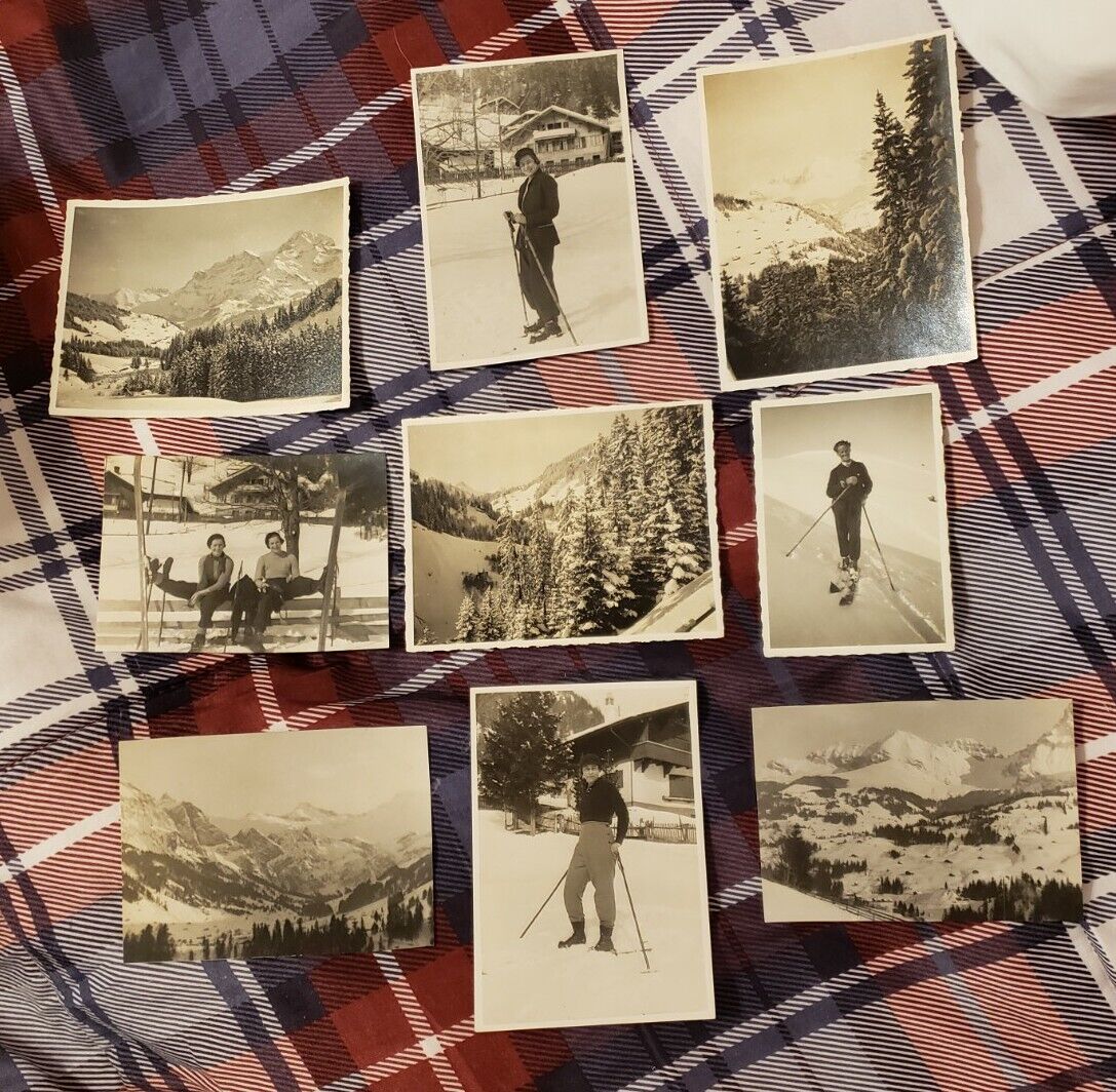 Antique Wealthy Family Skiing Photo Snapshots. Lot Of 9 Pictures. 