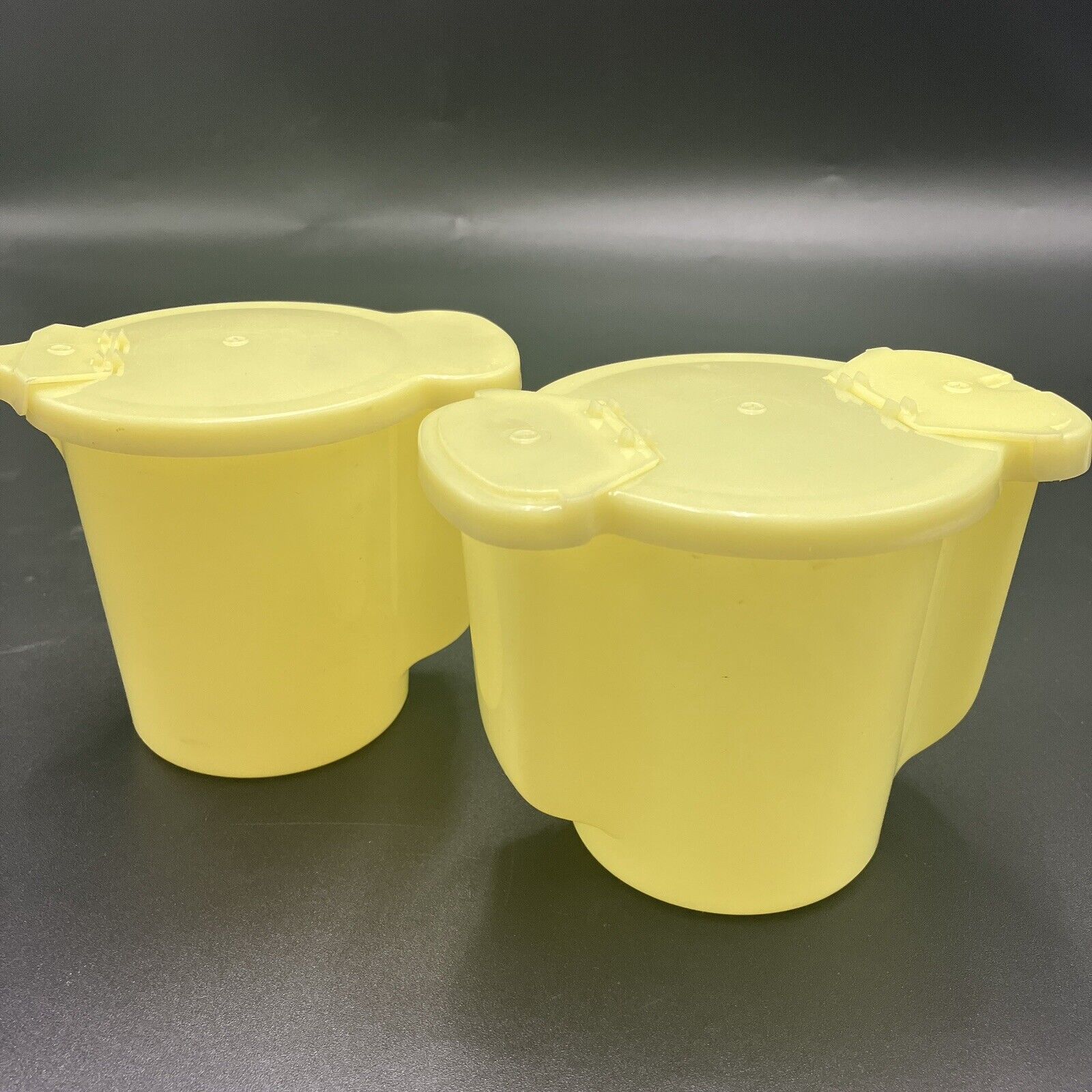 Vtg Tupperware Yellow Sugar Bowl 577 and Creamer 574 Set with Flip Top Lids USA