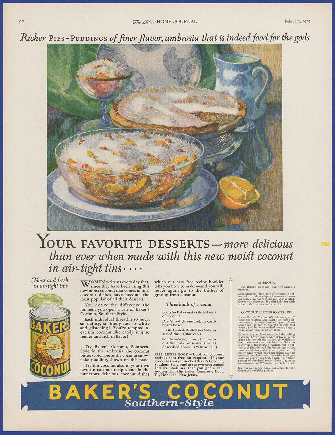 Vintage 1925 BAKER'S COCONUT Dessert Food Kitchen Décor Roaring 20's Print Ad