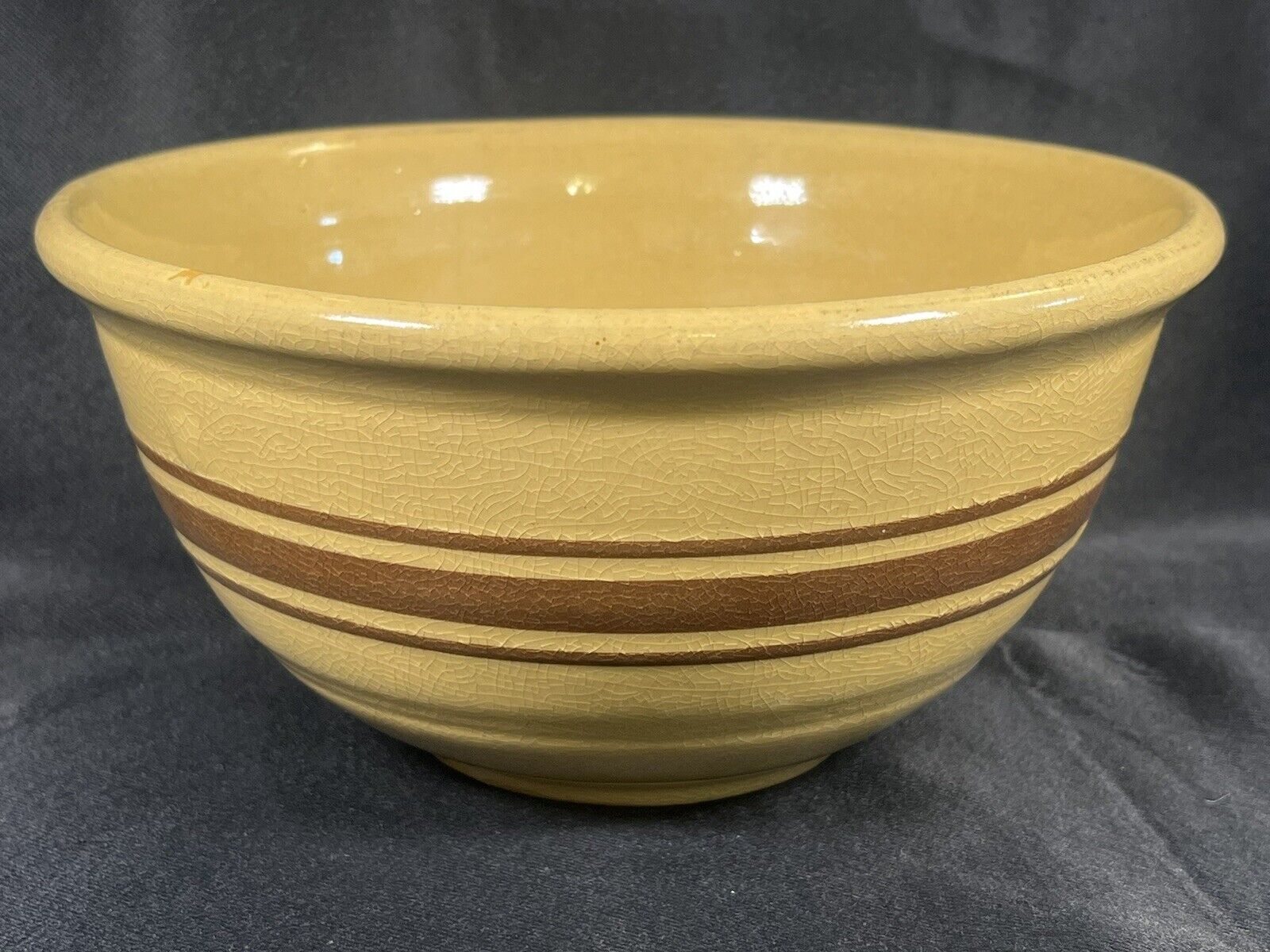 Antique Primitive Yellow Ware Brown Banded Mixing Bowl 8x4”