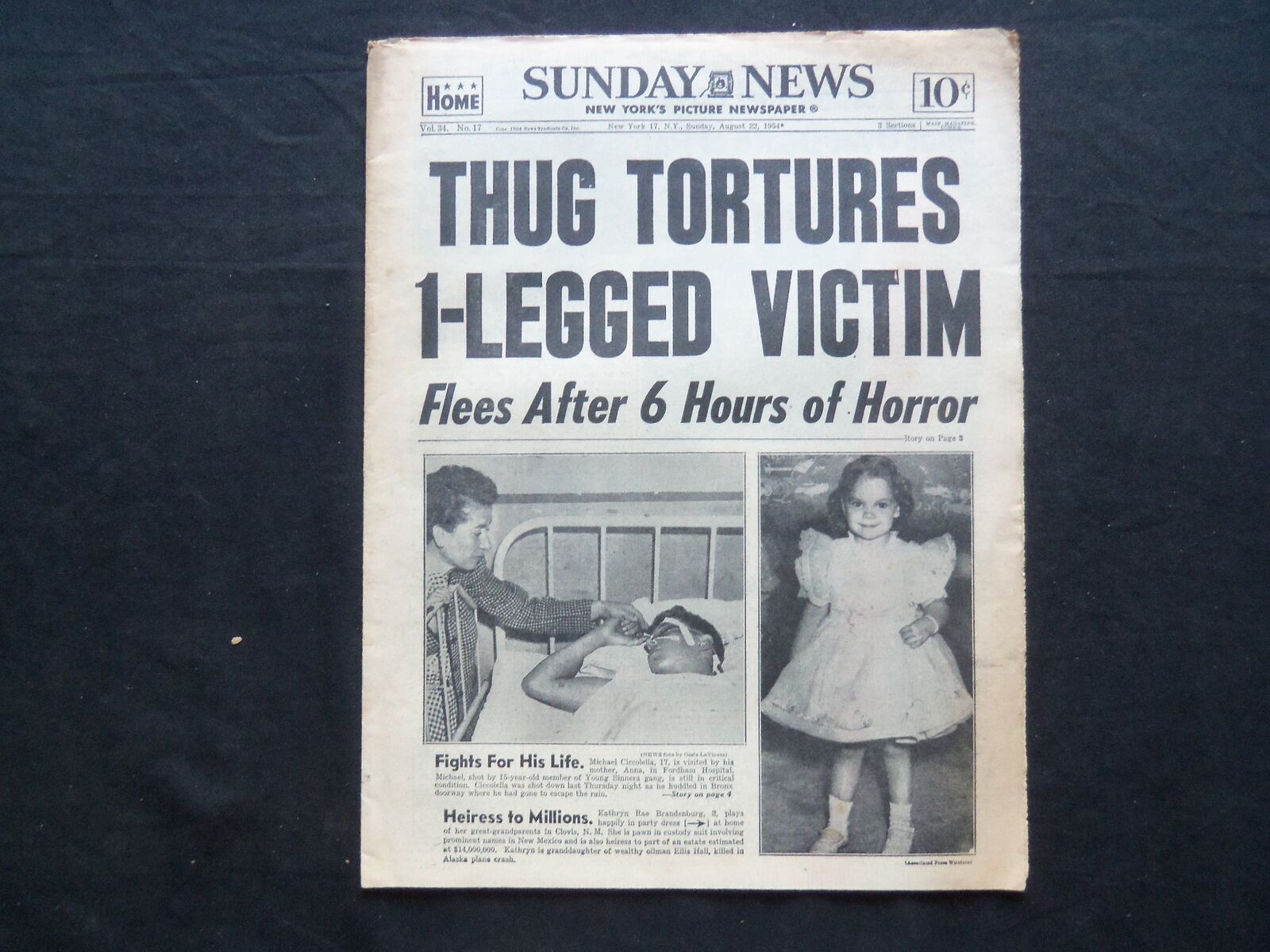 1954 AUGUST 22 NY SUNDAY NEWS NEWSPAPER - THUG TORTURES 1-LEGGED VICTIM- NP 2523