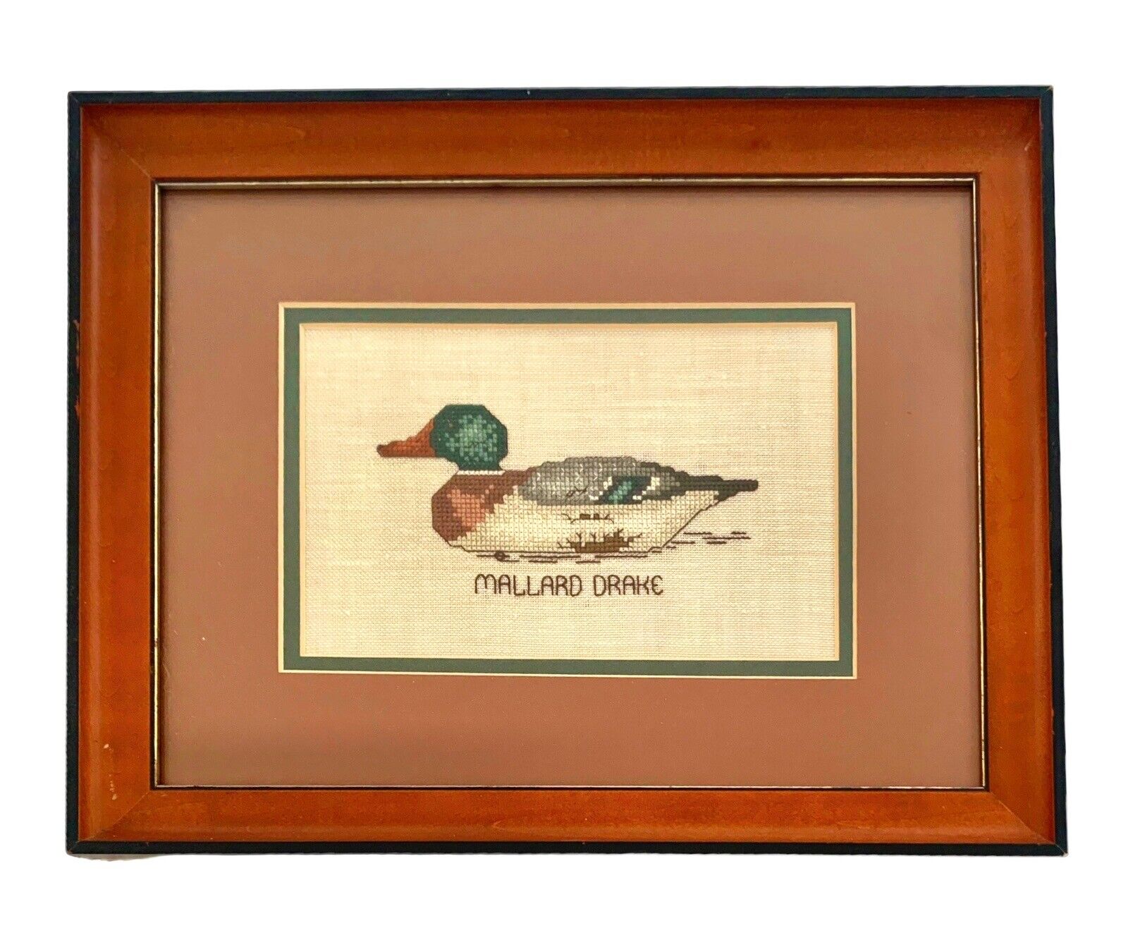 Duck Cross Stitched Mallard Drake Framed Vintage Hunting Office Man Cave Art