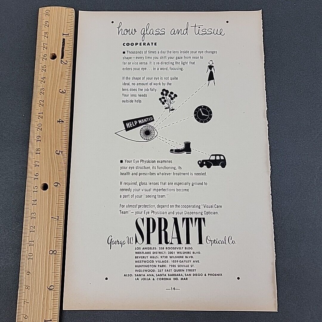 Vtg 1949 Print Ad George Spratt Optical How Glass and Eye Tissue Cooperate